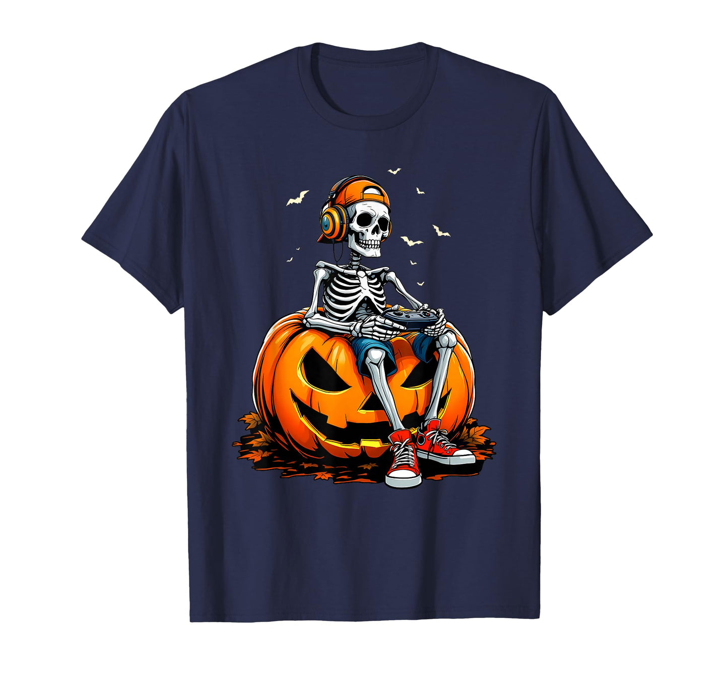 Spooky Pumpkin & Skeleton Gamer Tee | Boys & Kids Halloween T-Shirt