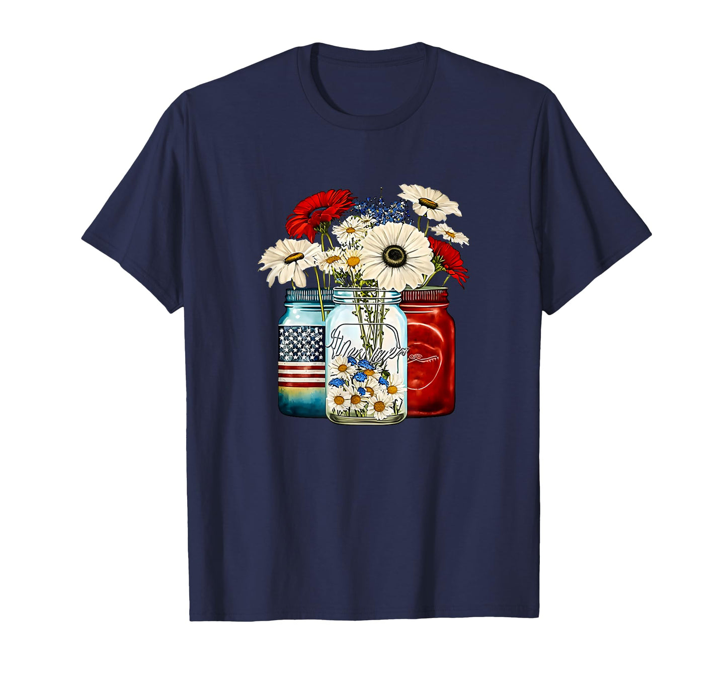 American Patriotic USA Flag Jars with Daisy 4th Of July T-Shirt for Women Men
