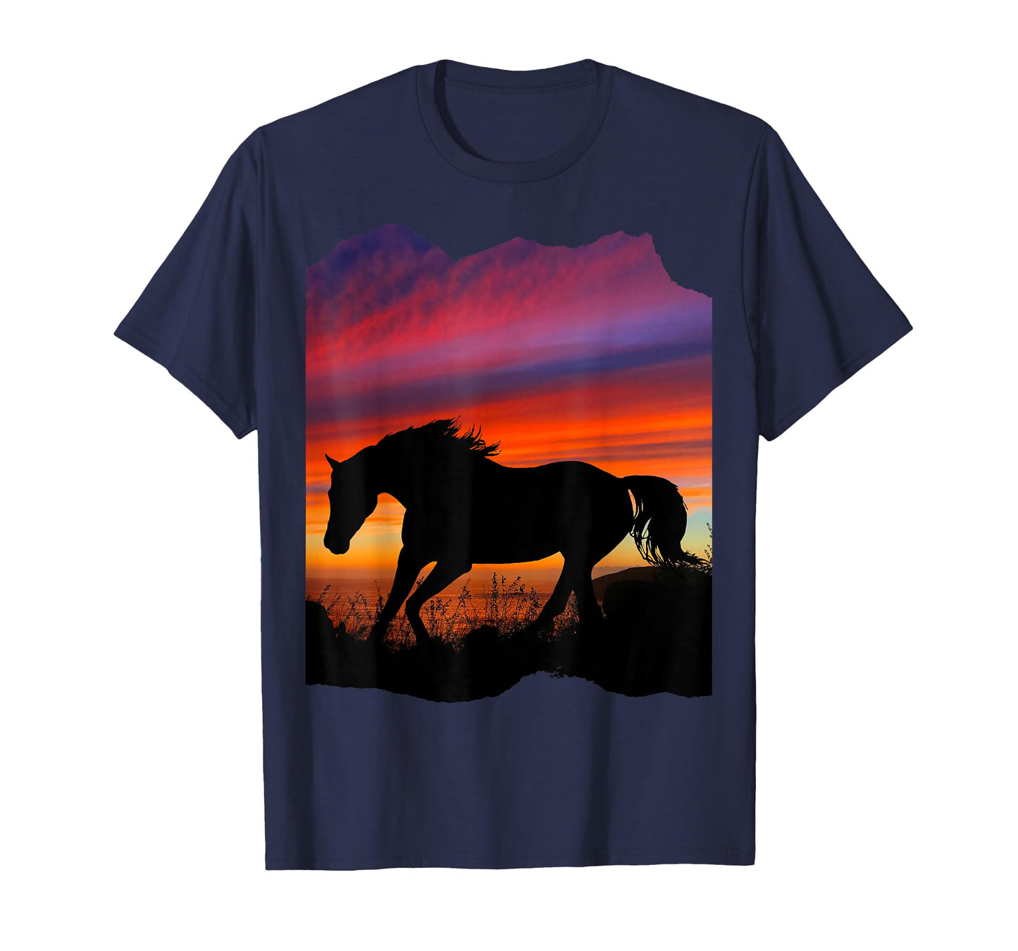 Beautiful Arabian horse sunset silhouette orange purple blue T-Shirt