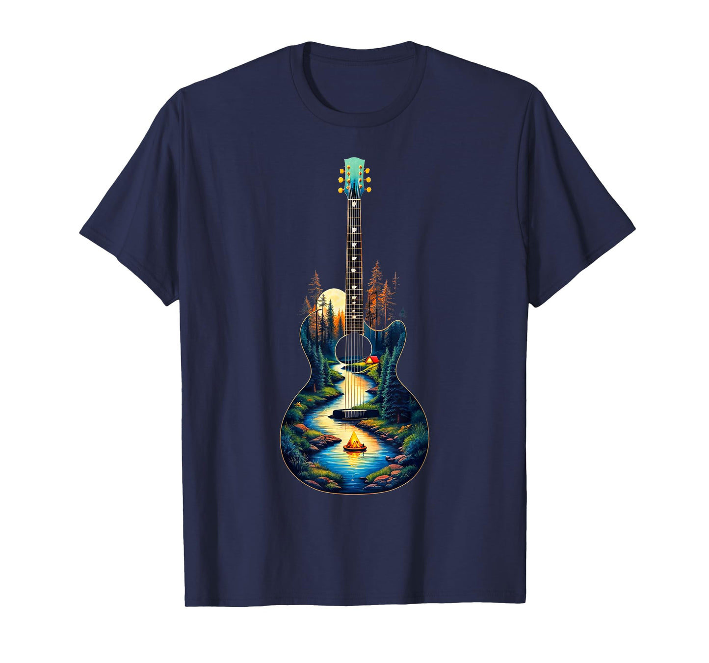 Guitar Lake Reflections Forest Pine Tree Moon Camp Guitarist T-Shirt
