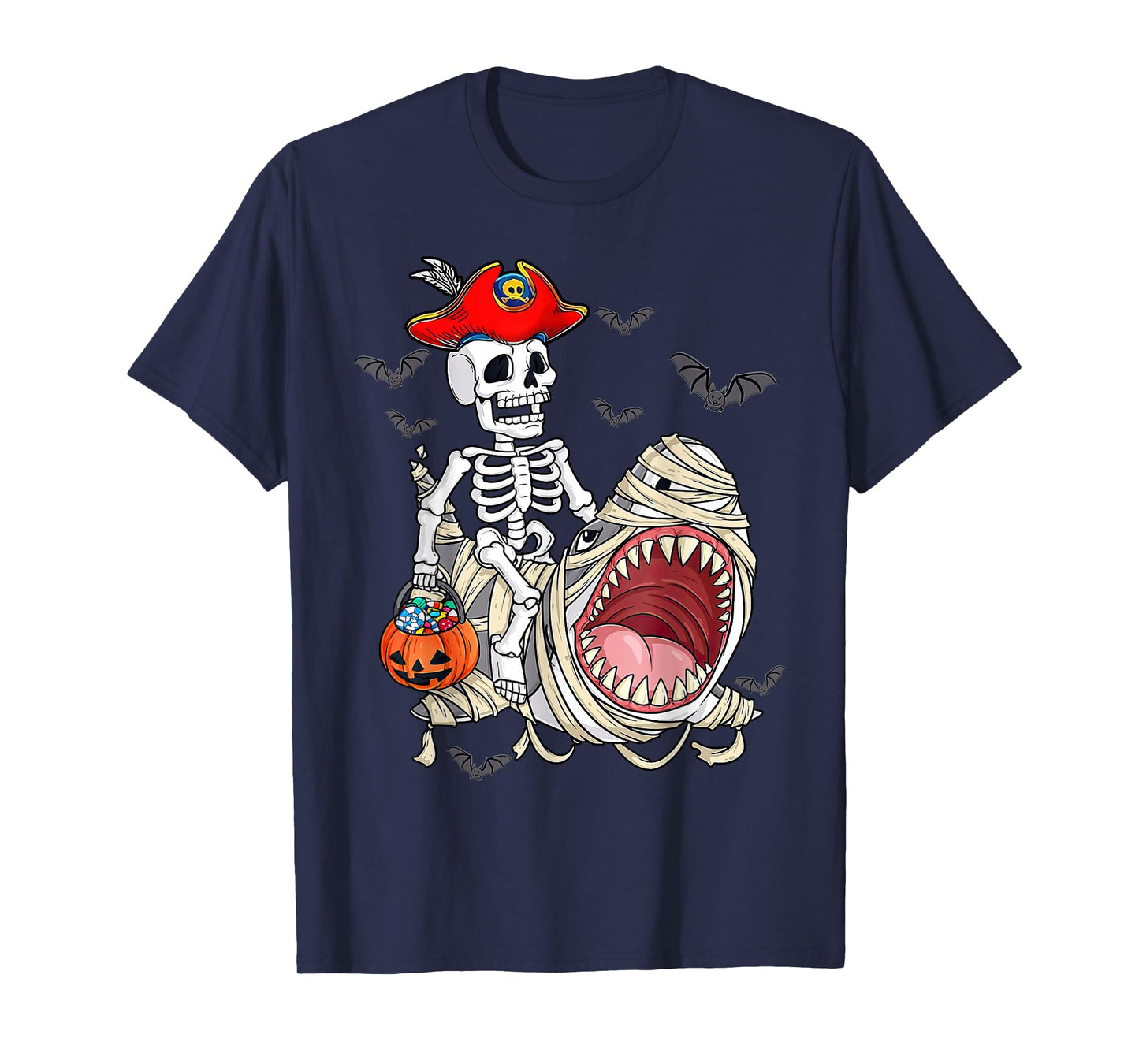 Funny Halloween Pirate Skeleton Mummy Shark Costume Men T-Shirt