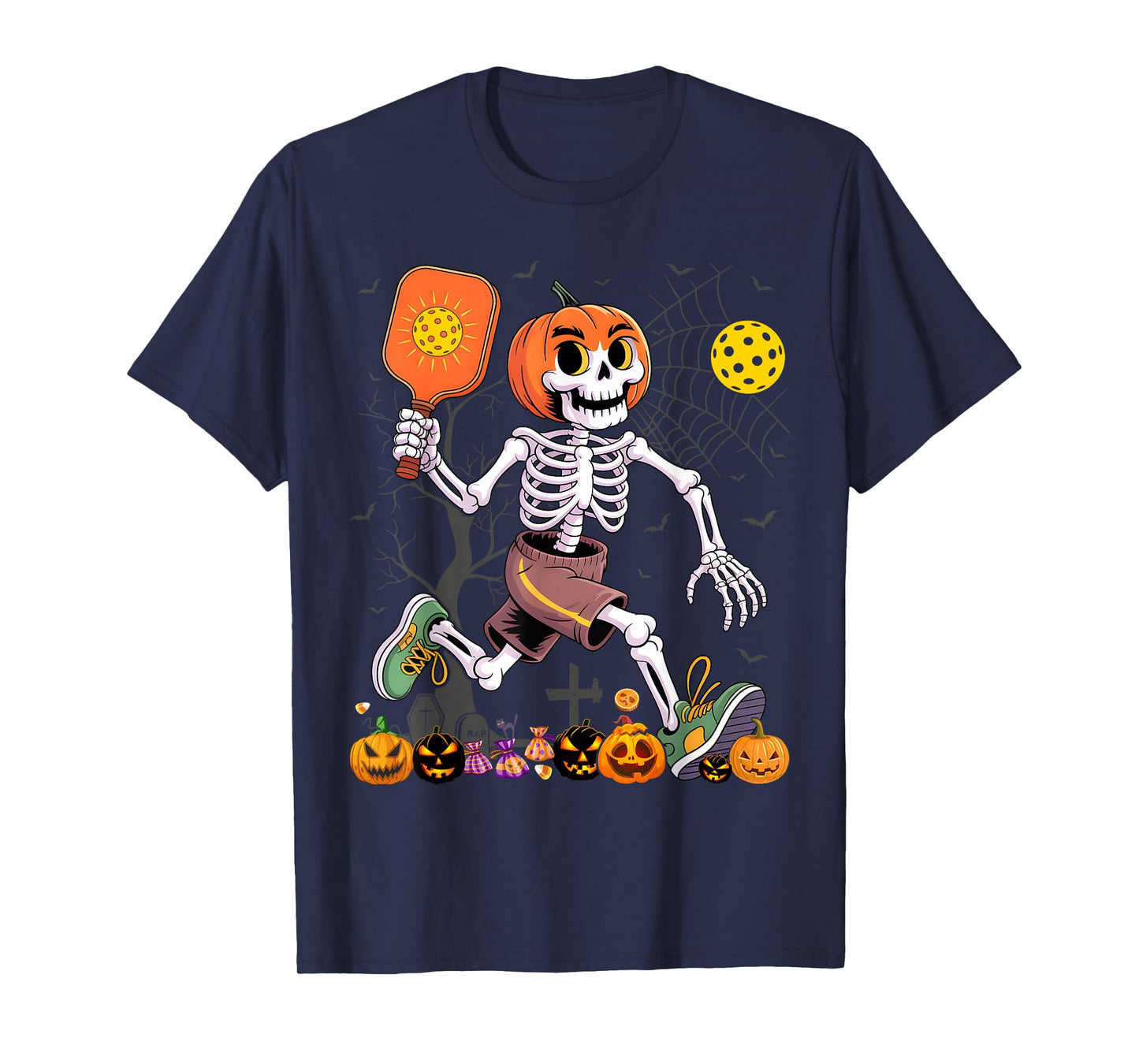 Pumpkin Head Skeleton Pickleball Halloween Spooky Sports T-Shirt