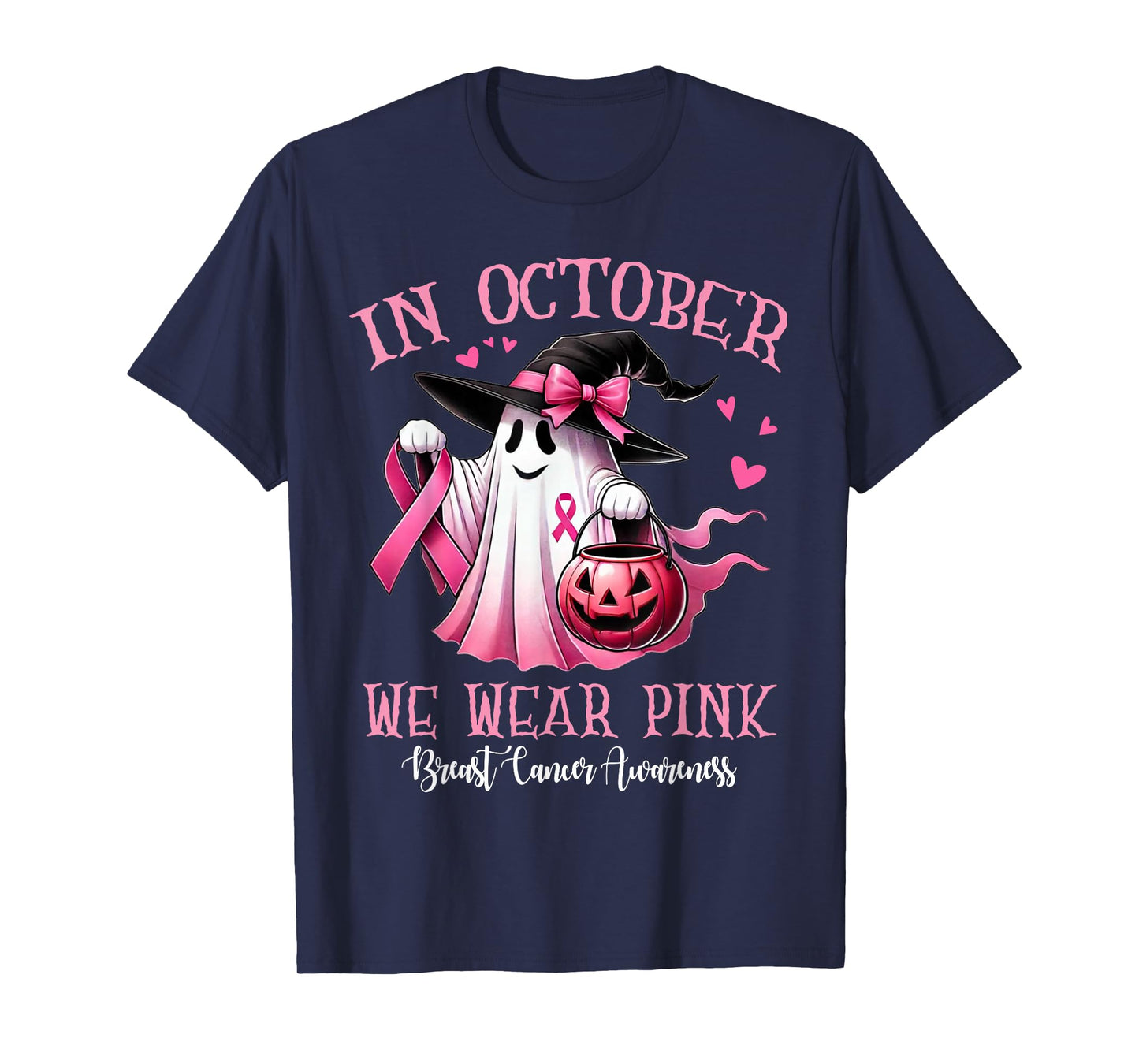 in October We Wear Pink Ghost Witch Halloween Breast Cancer T-Shirt