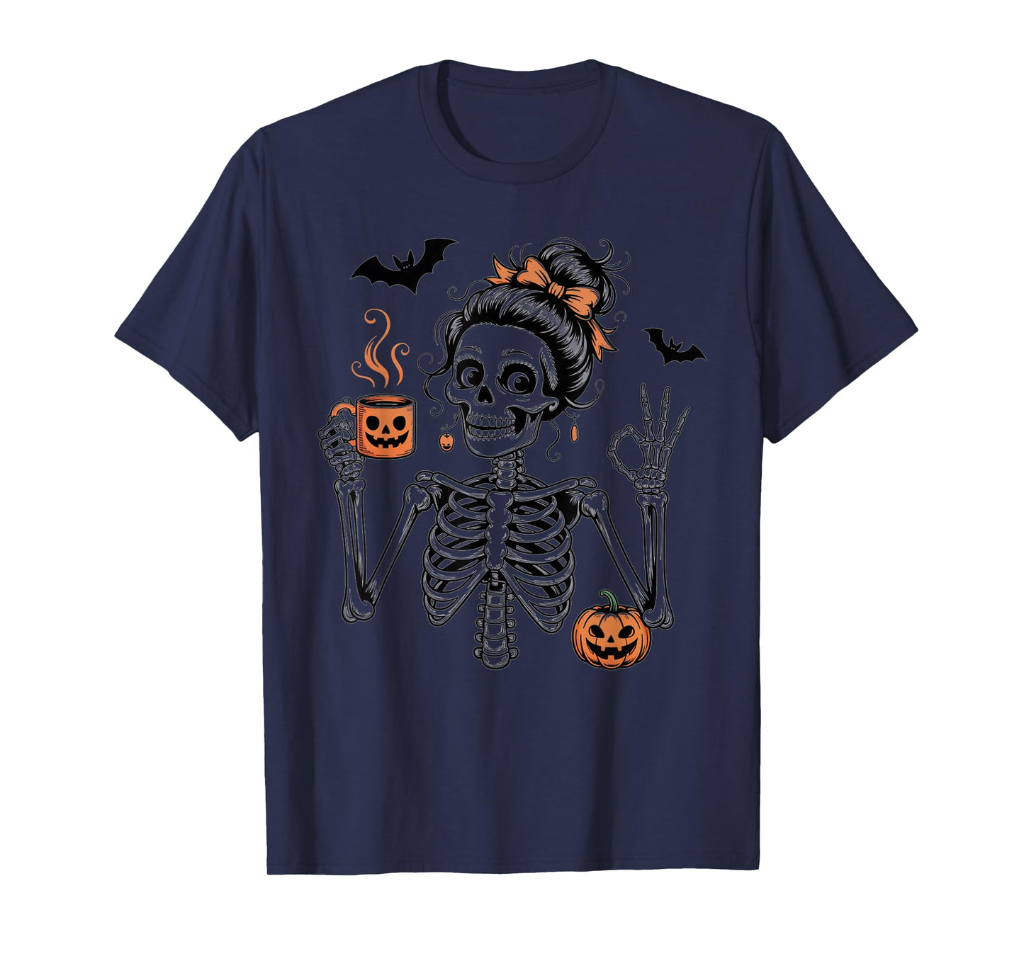 Halloween Skeleton Messy Bun Coffee Pumpkin Bat Costume Mom T-Shirt