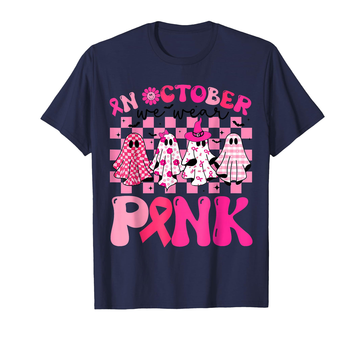 in October We Wear Pink Witch Ghost Pumpkin Breast Cancer T-Shirt