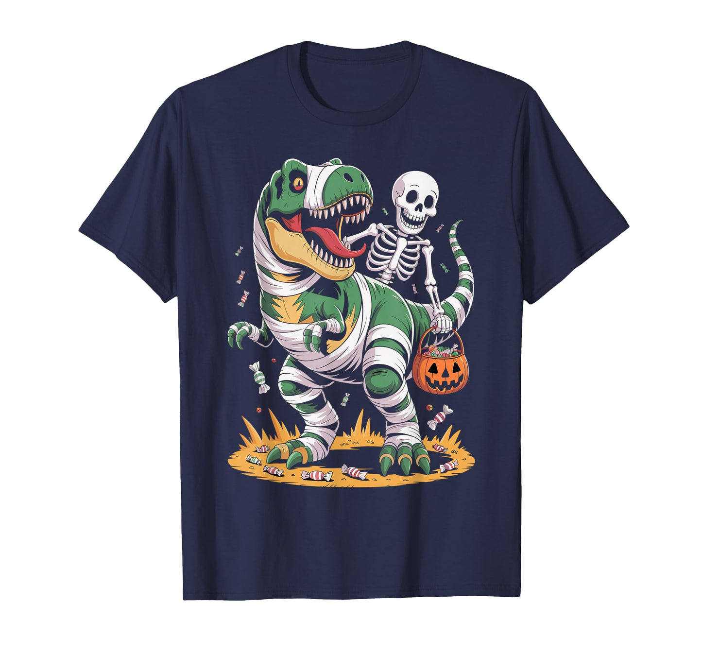 Halloween T-Rex and Skeleton Trick Candy Art T-Shirt