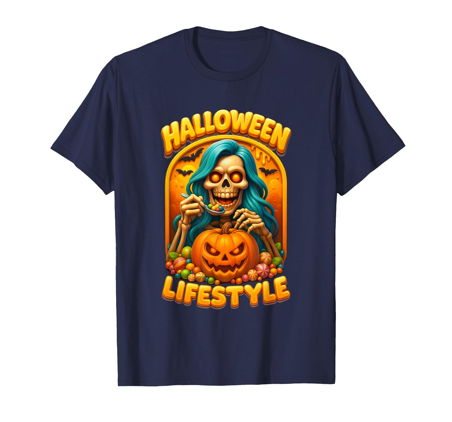 Halloween Lifestyle Skeleton Woman Eating Candy Pumpkin T-Shirt