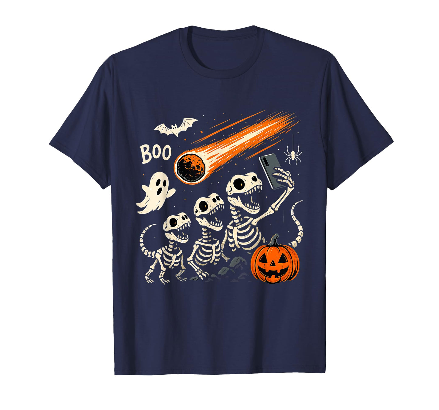 Skeleton Dinosaur T Rex Selfie Boo Pumpkin Halloween T-Shirt