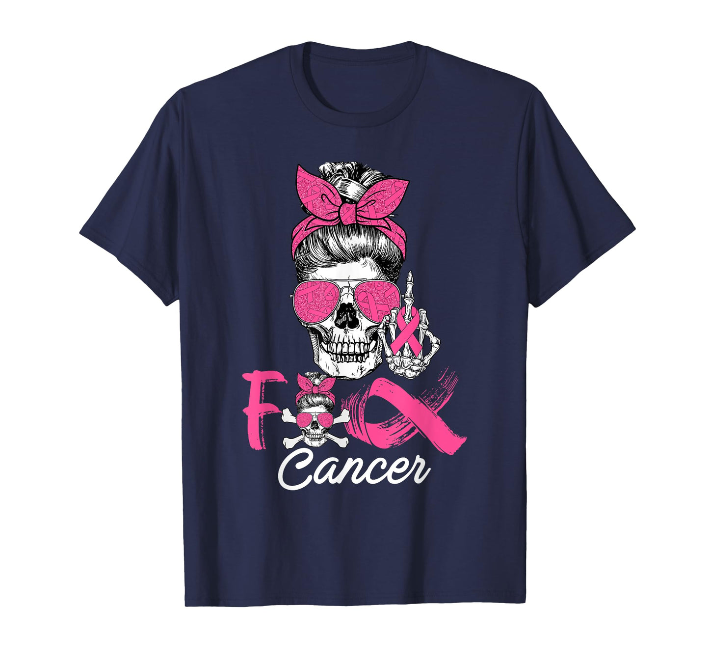 Fuck Cancer Breast Cancer Messy Bun Skeleton Halloween Day T-Shirt