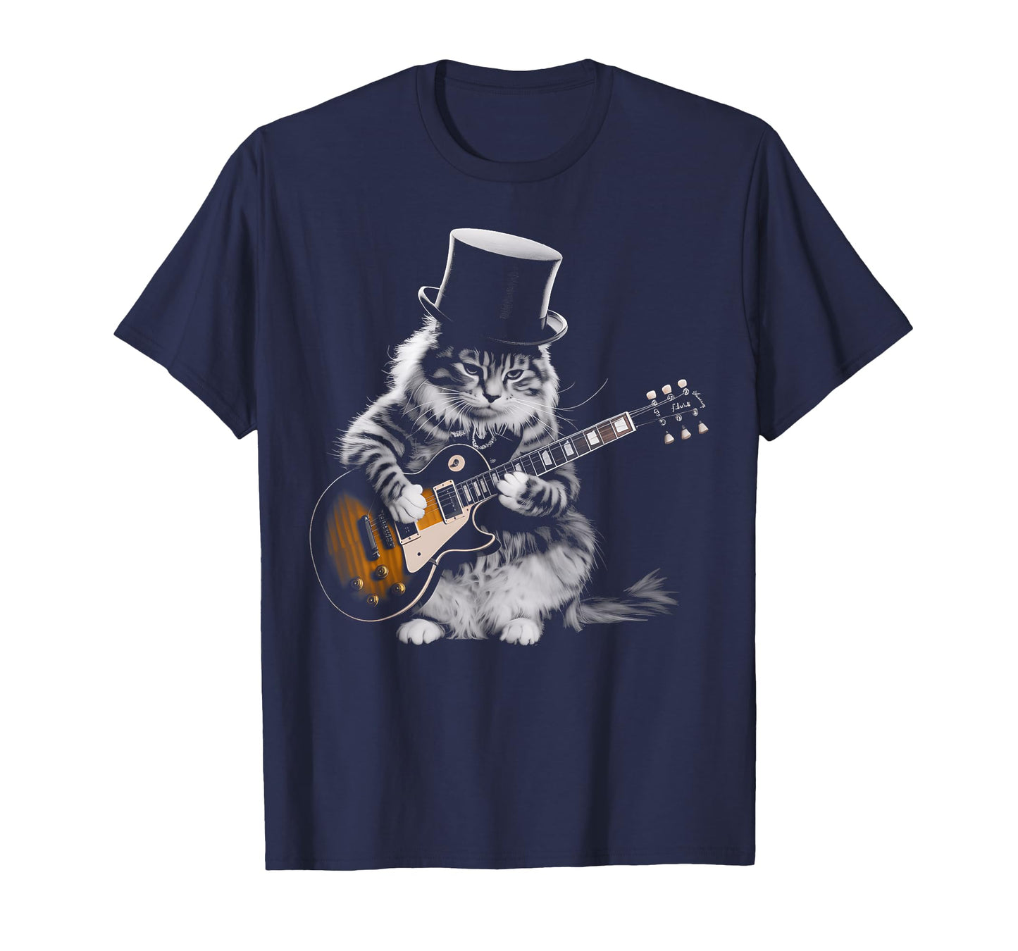 Cat Playing Guitar Funny Rock Roll Music Top Hat Design T-Shirt