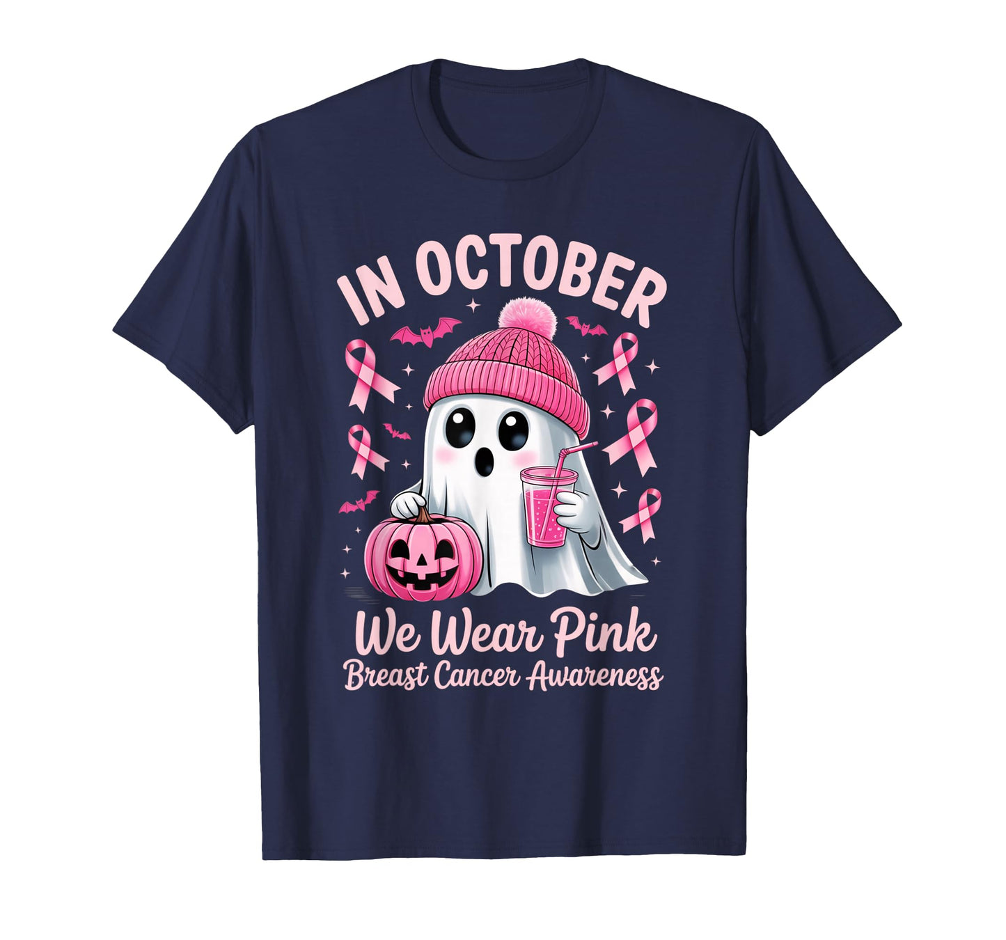 in October We Wear Pink Breast Cancer Awareness Halloween T-Shirt