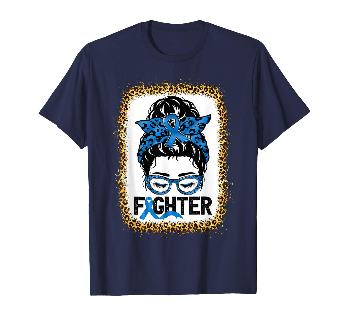Fighter Messy bun Colon Cancer Awareness Leopard Bleached T-Shirt