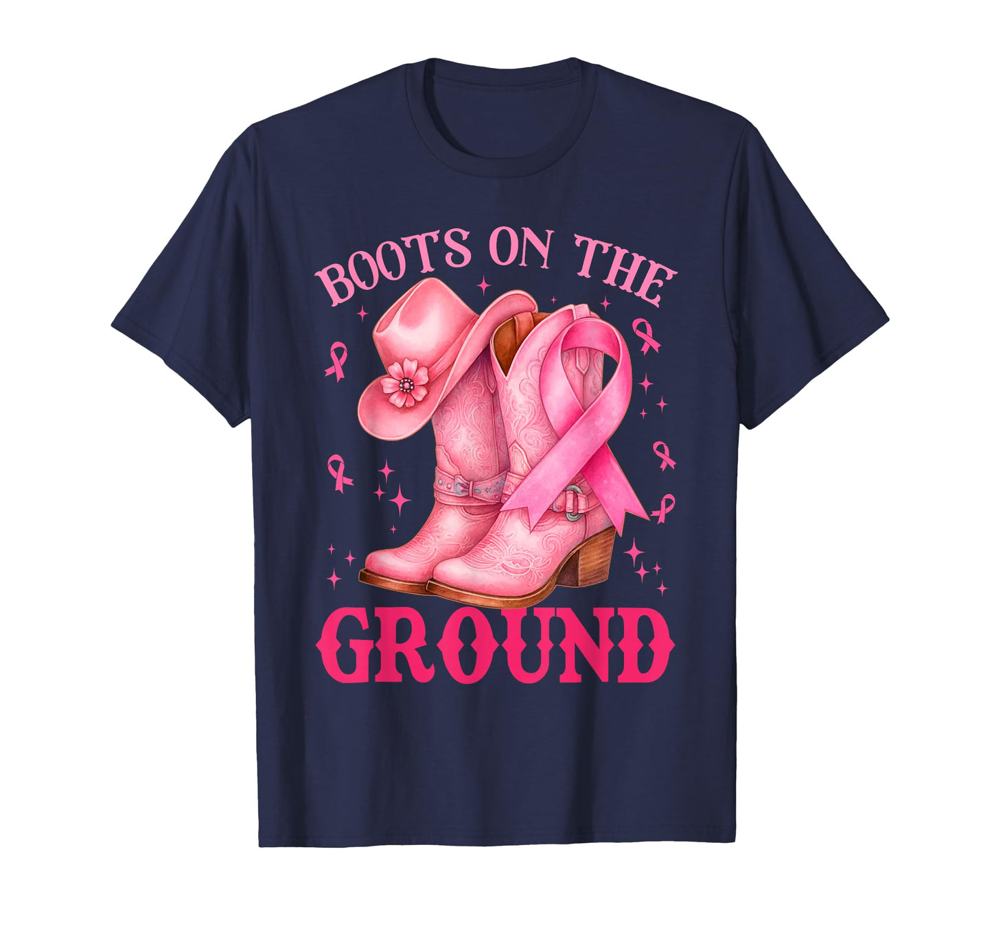 Boots On The Ground Pink Cowgirl Breast Cancer Women Girls T-Shirt