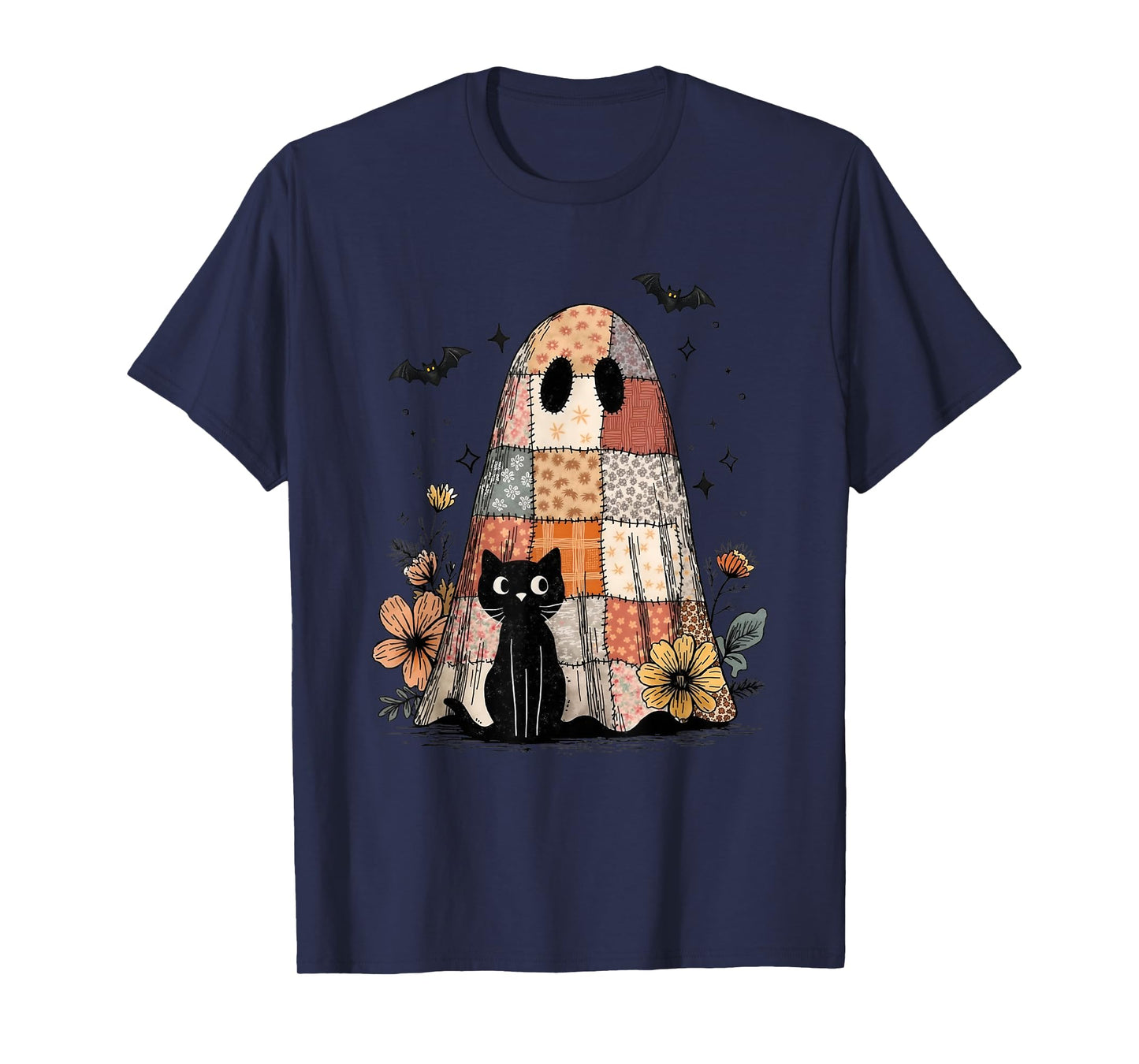 Preppy Retro Floral Patchwork Ghost and Black Cat Halloween T-Shirt
