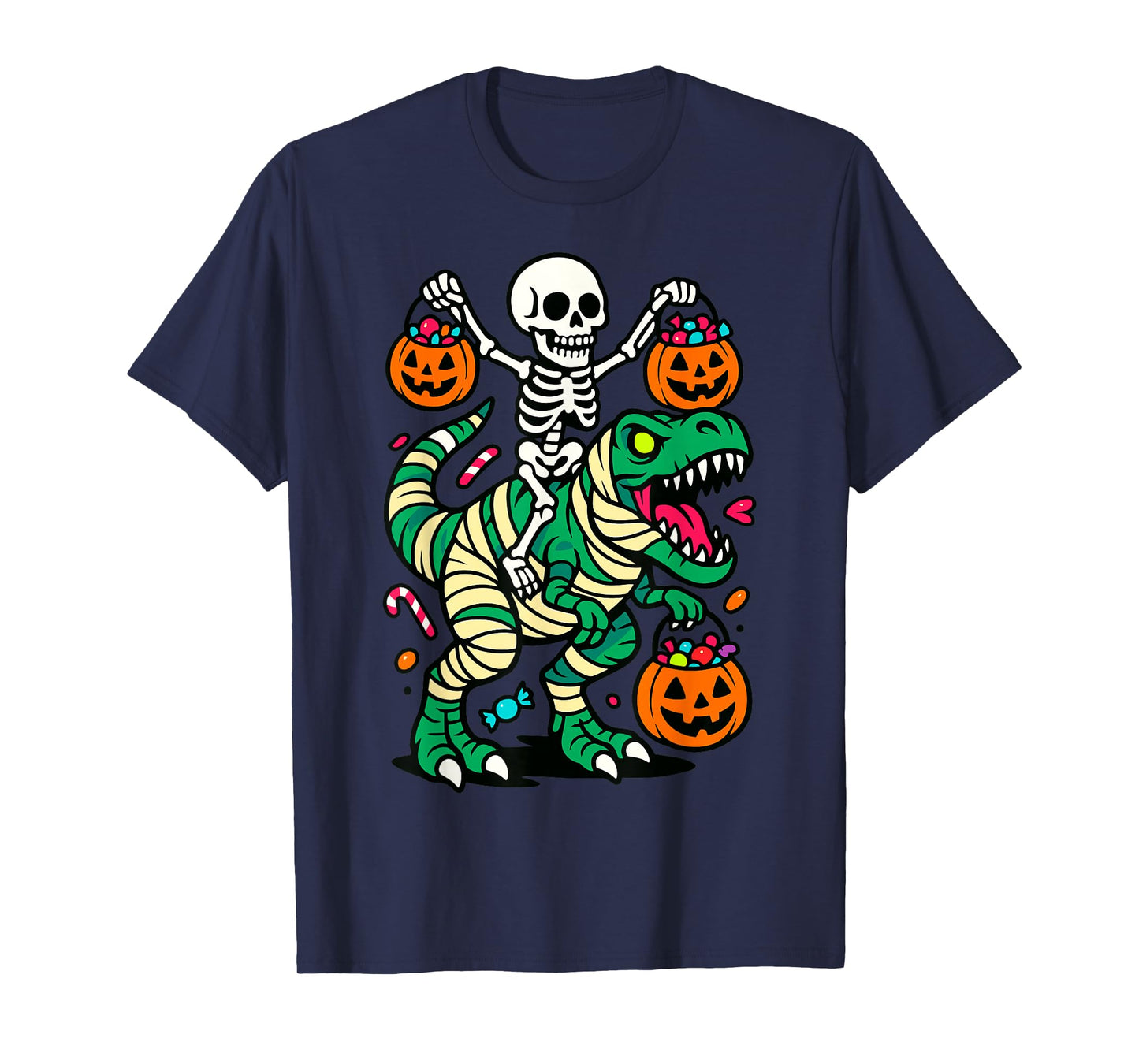 Skeleton Riding Mummy Dinosaur Halloween Candy T-Shirt