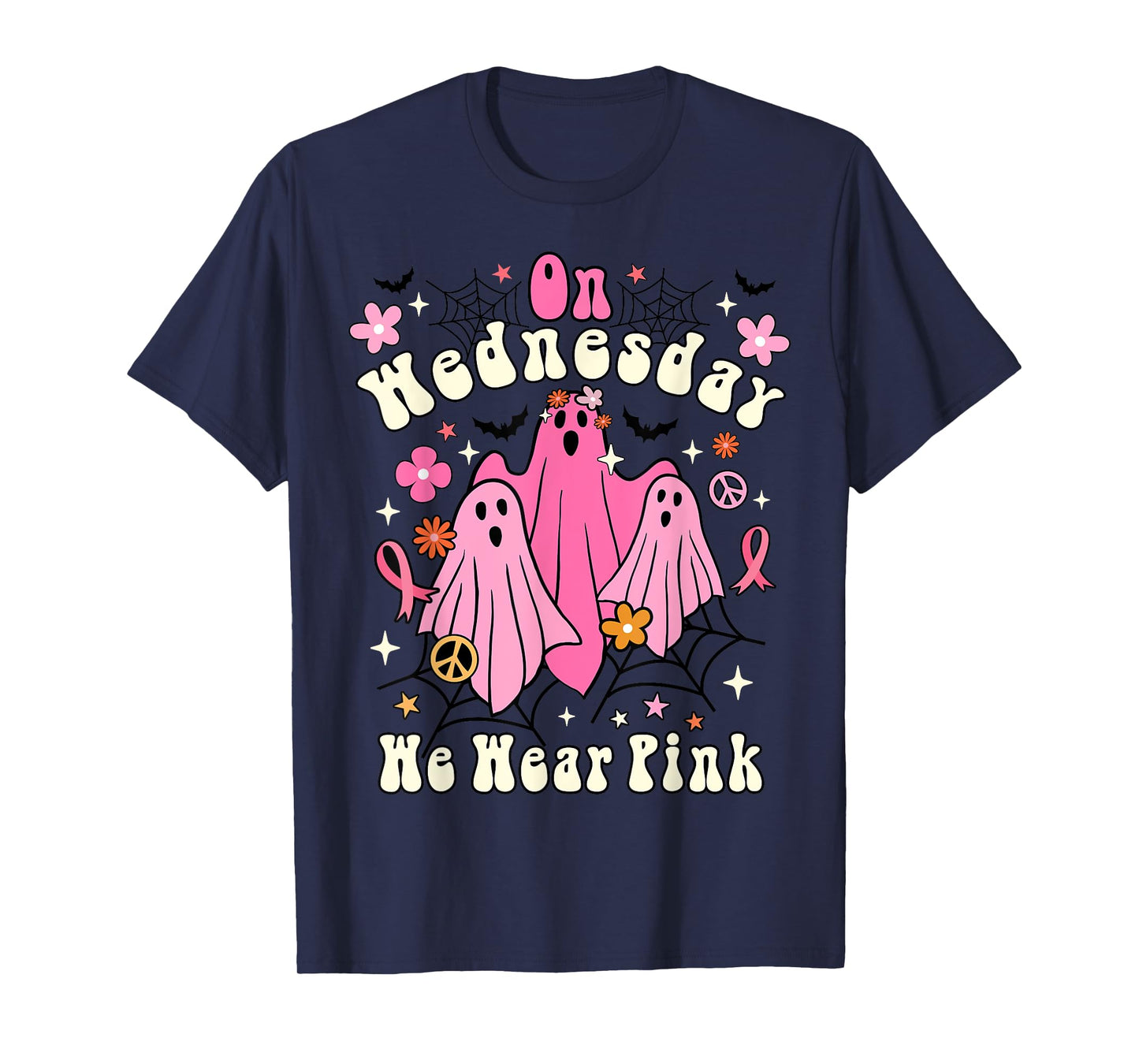 On Wednesday We Wear Pink Ghost Halloween Breast Cancer 2022 T-Shirt