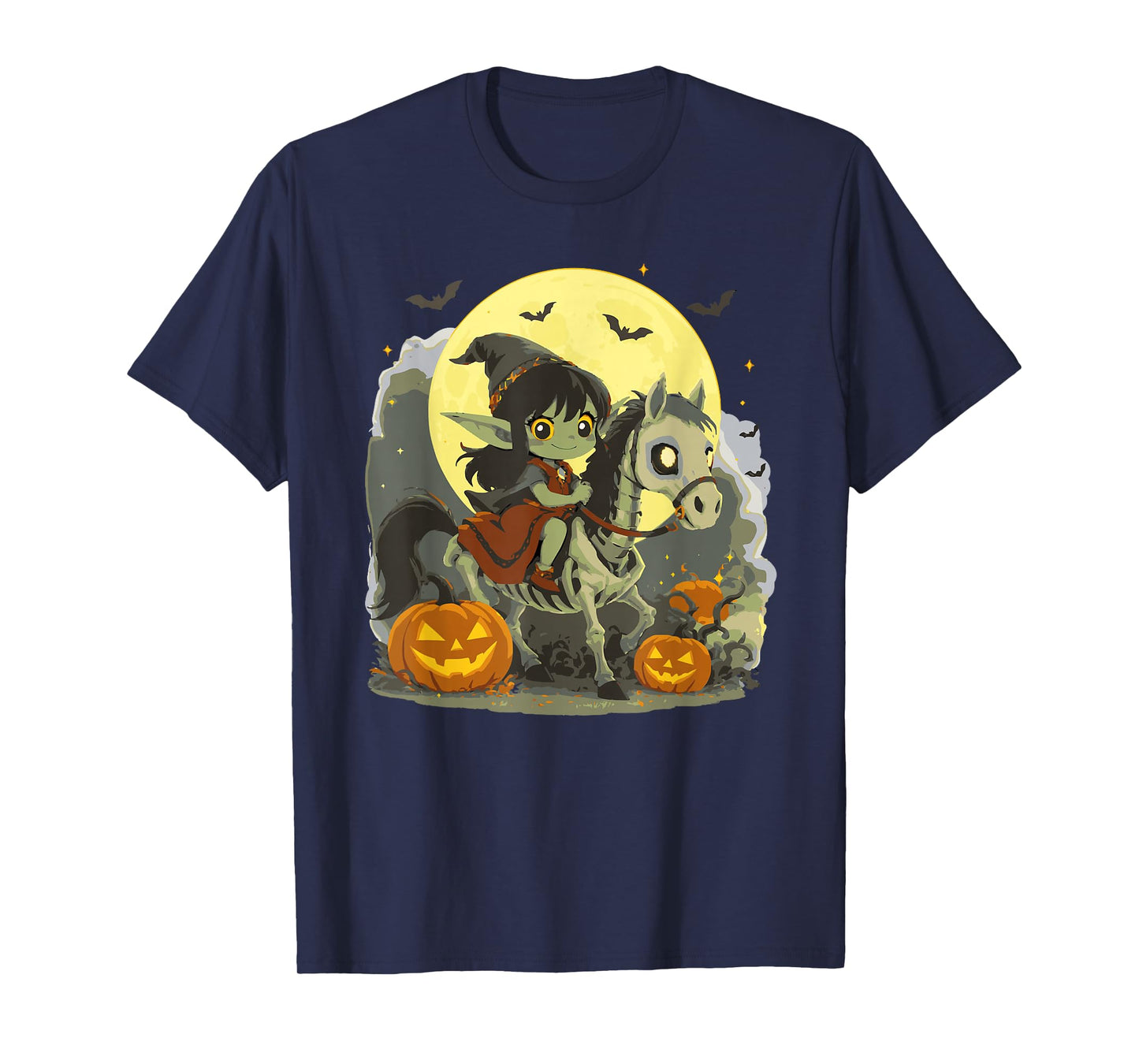 Halloween Girl Dark Elf Goblin Troll Riding Horse Skeleton T-Shirt