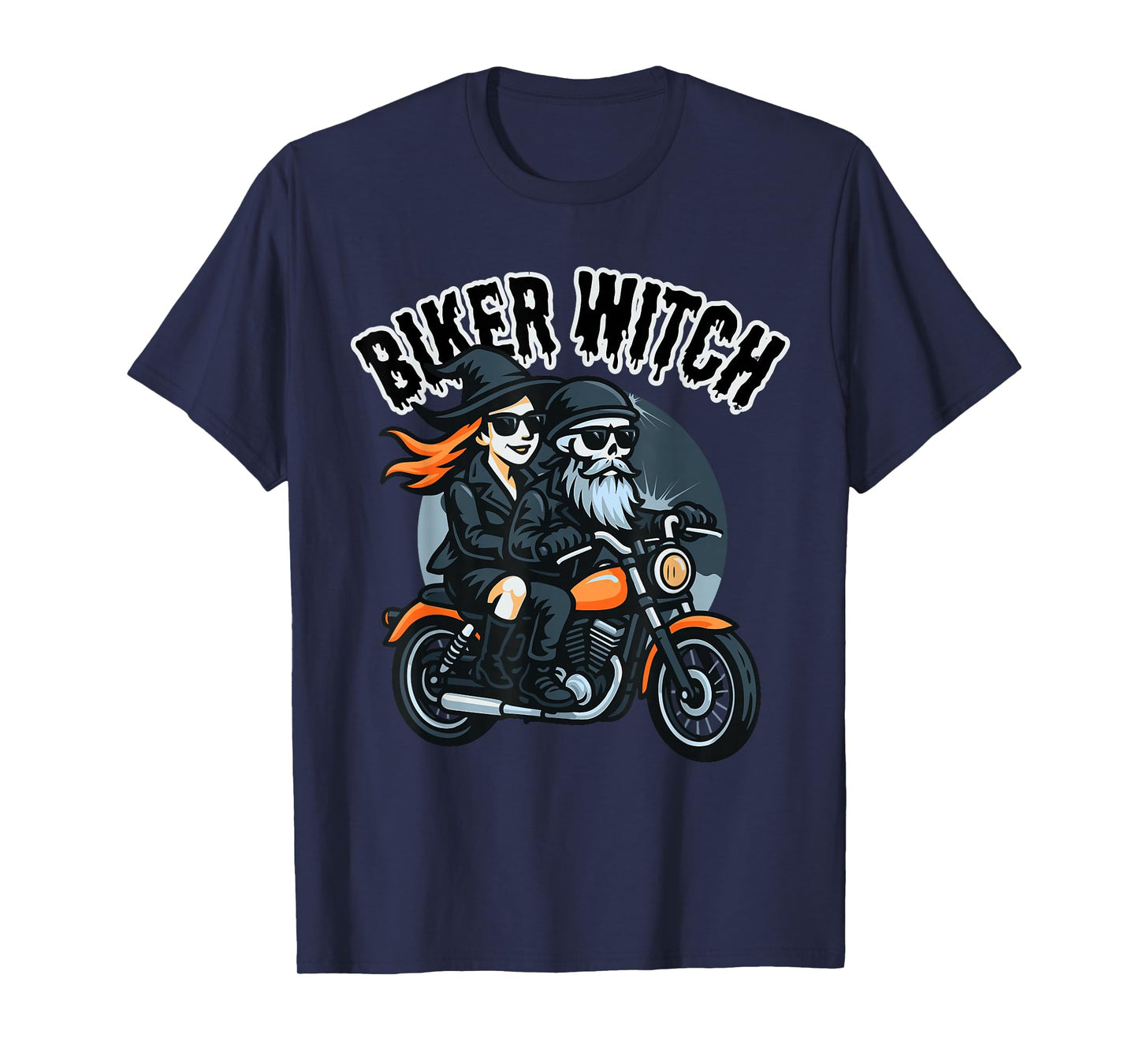 Halloween Funny Biker Witch & Skeleton Riding a Motorcycle T-Shirt