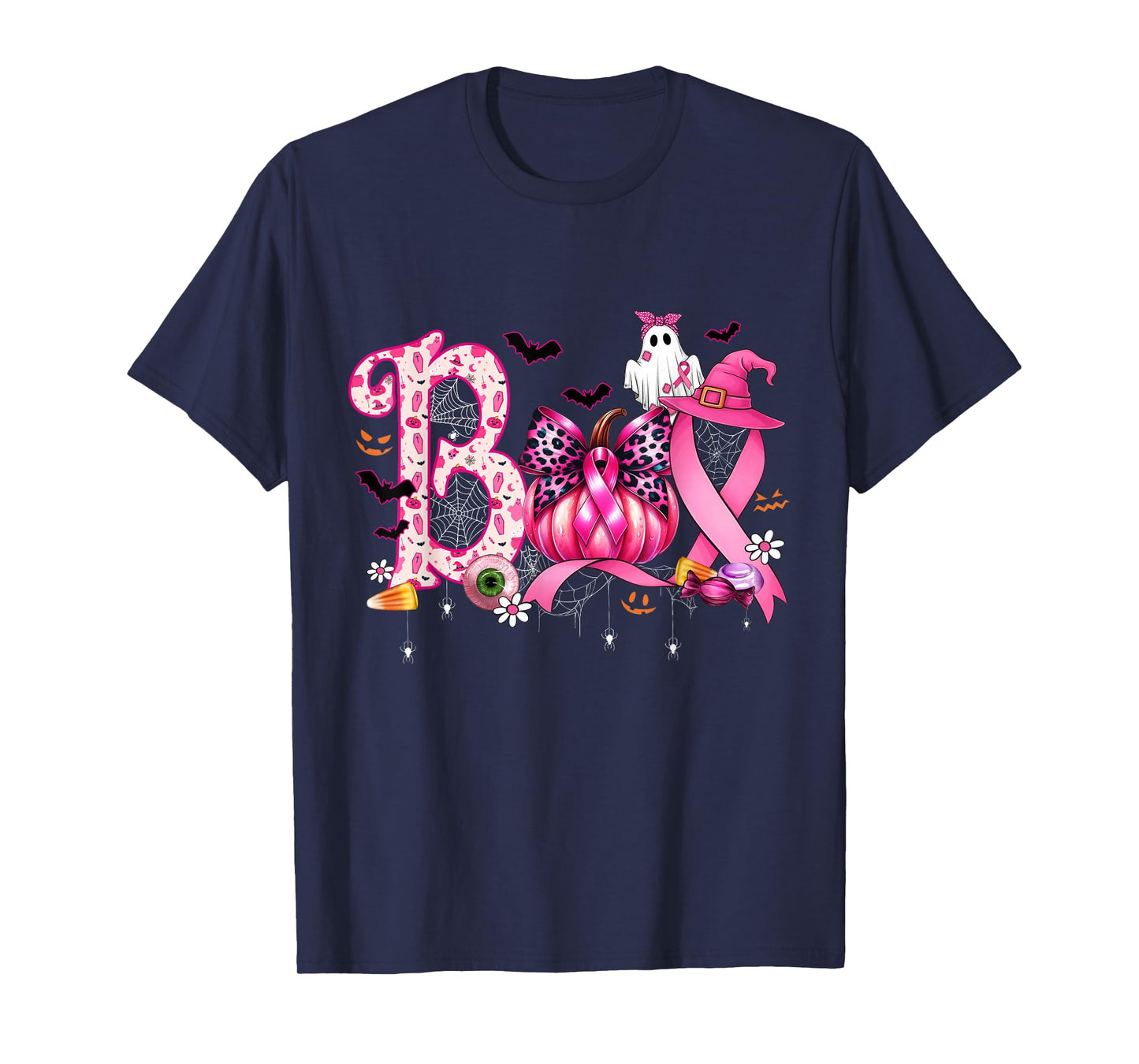 Boo Halloween Pumpkin Pink Ribbon Witch Breast Cancer T-Shirt