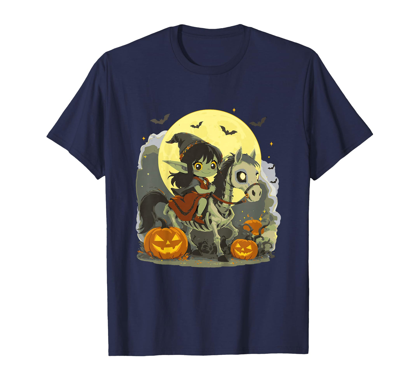 Halloween Girl Dark Elf Goblin Troll Riding Horse Skeleton T-Shirt