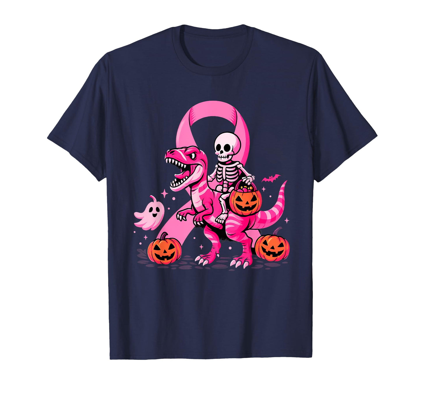 Skeleton Riding Dinosaur T Rex Boo Pumpkin Breast Cancer T-Shirt