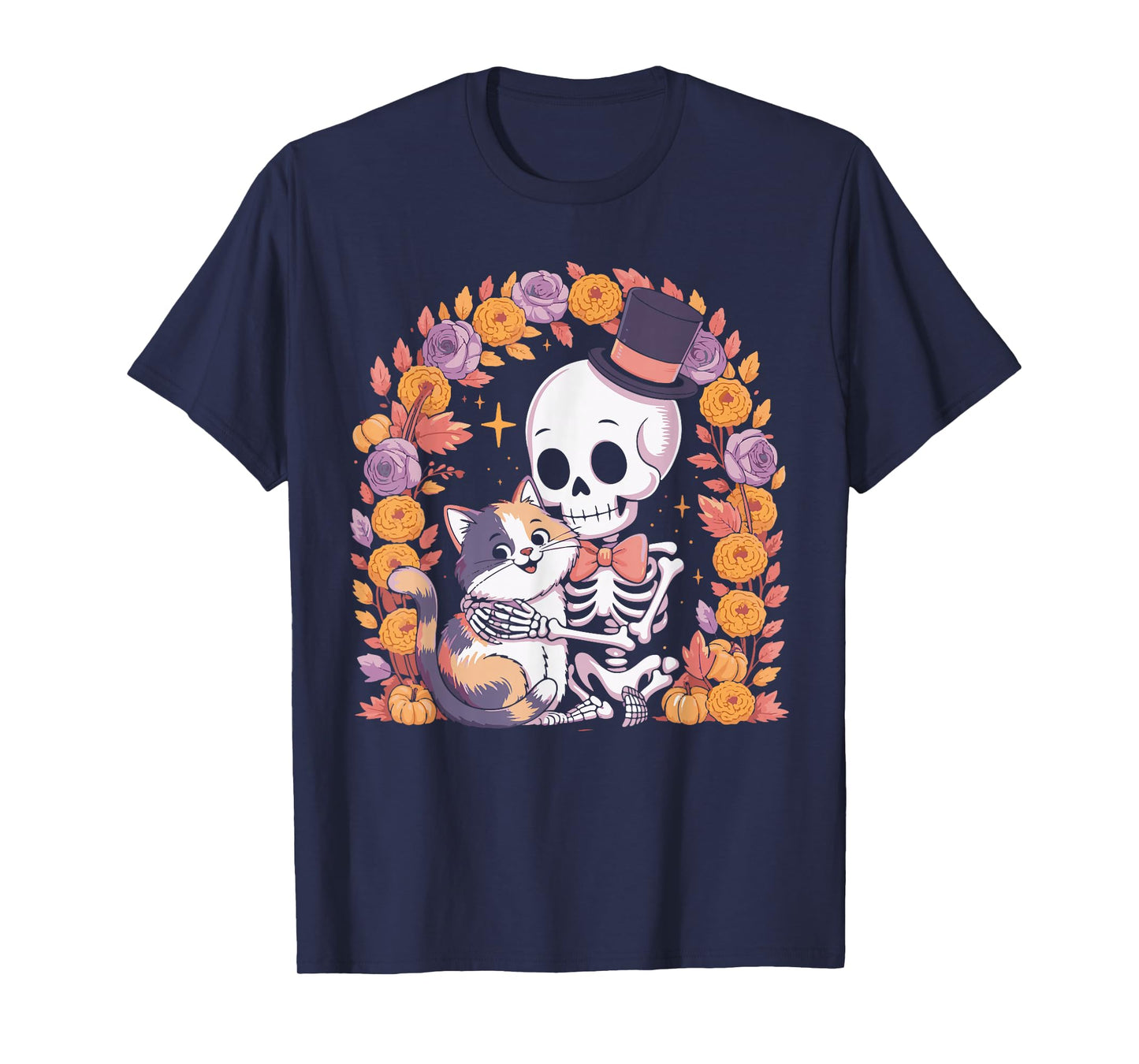 Cat Skeleton with Flowers Gothic Halloween Outfit for Women T-Shirt