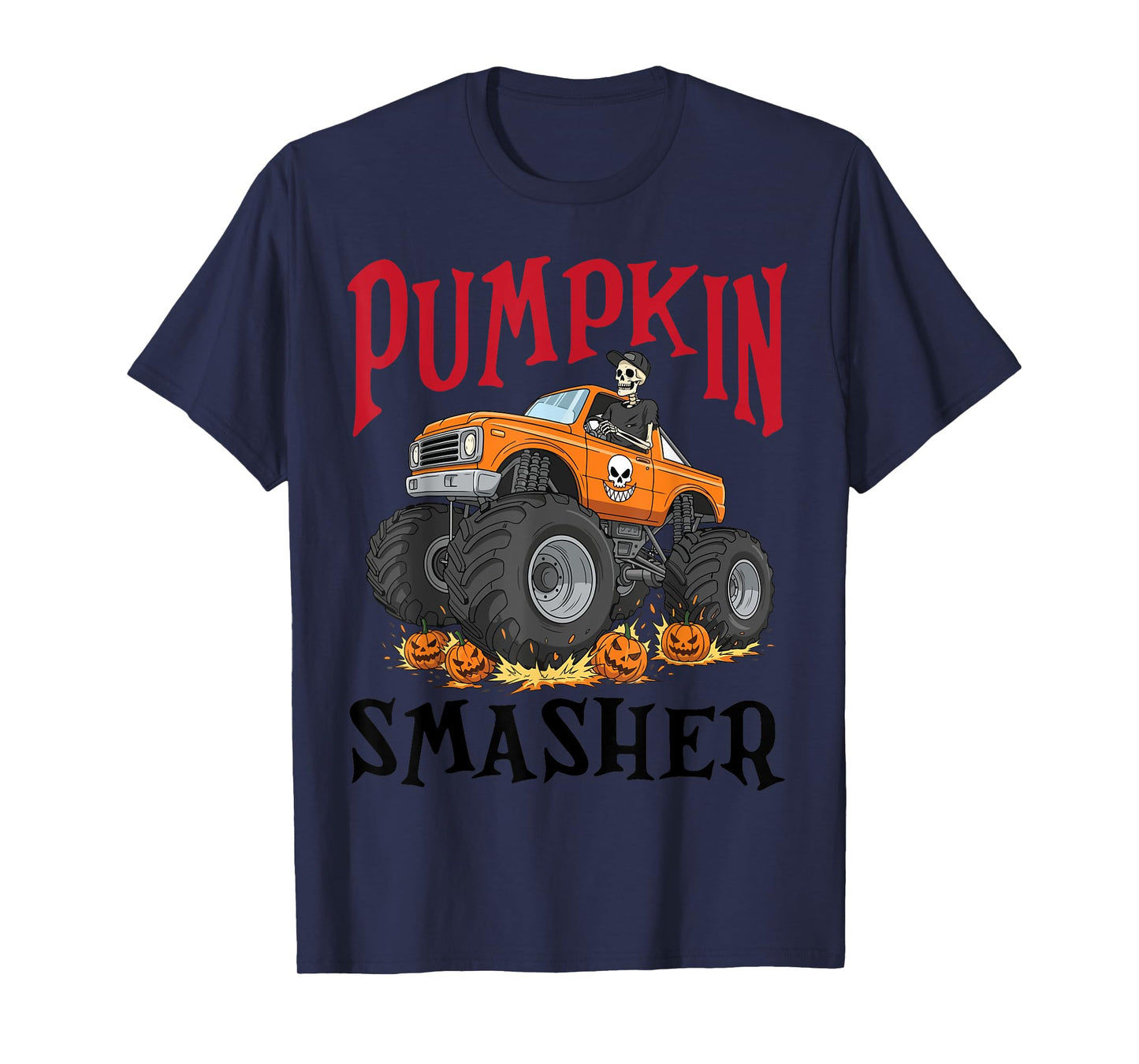 Pumpkin Monster Truck Skeleton Driver Halloween Day Smasher T-Shirt