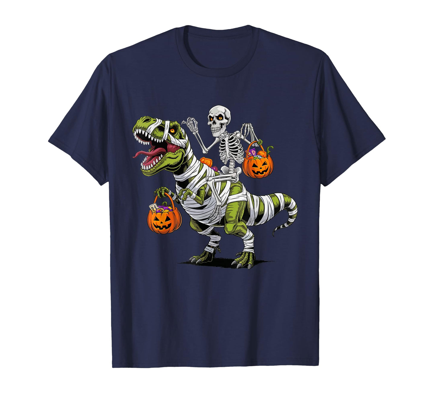 Skeleton Riding Mummy Dinosaur T rex Halloween Funny Pumpkin T-Shirt