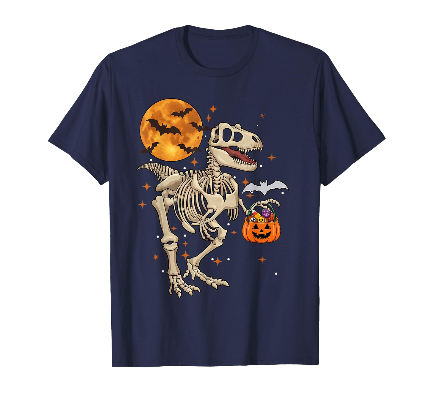 Dinosaur Skeleton T rex Scary Pumpkin Moon Boys Halloween T-Shirt