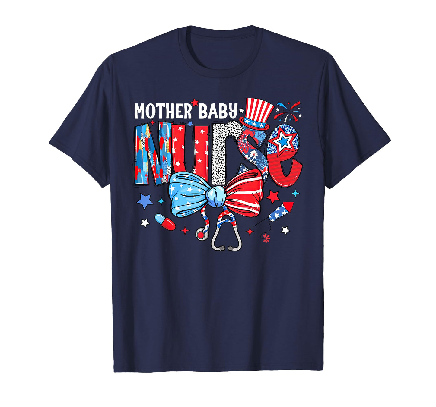 Mother Baby Nurse Bow Us Flag 4th of July Postpartum Nurse T-Shirt