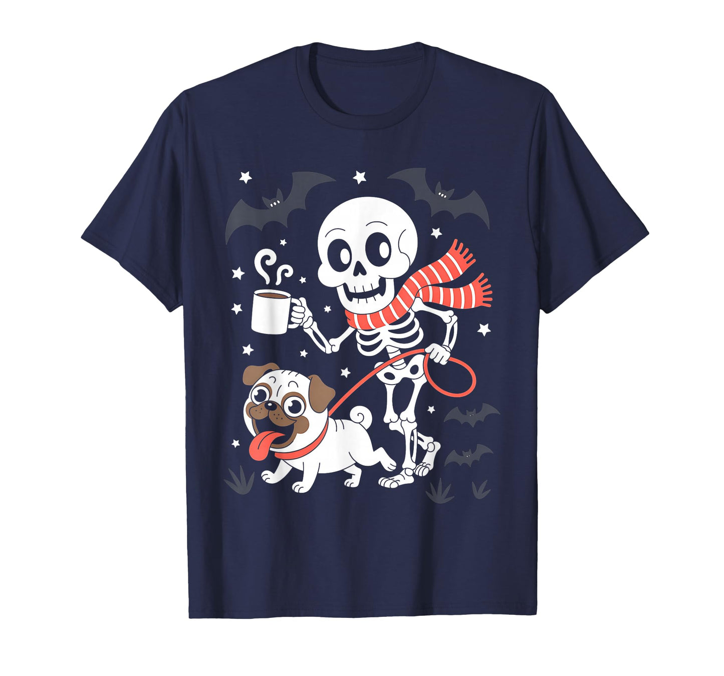 Skeleton Walking Pug Coffee Lovers Funny Halloween T-Shirt