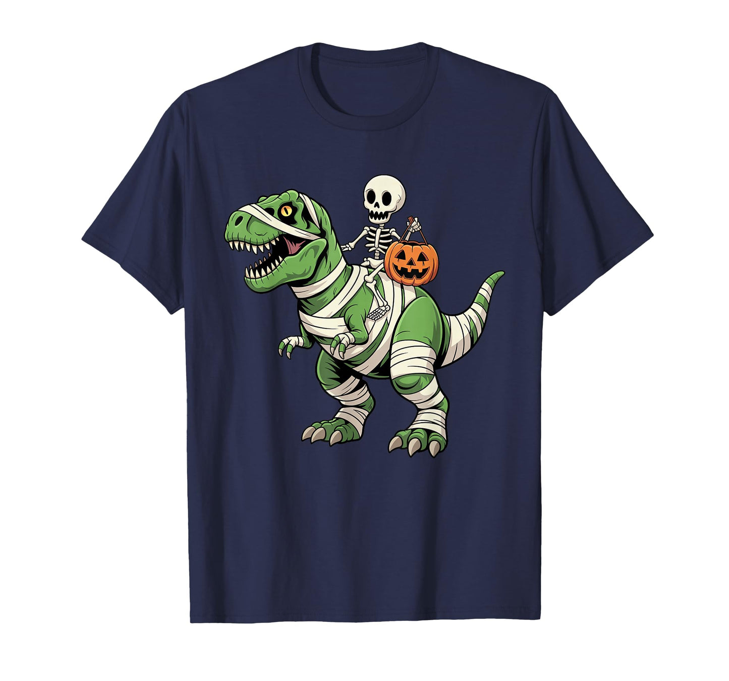 Skeleton Riding Mummy Dinosaur T rex Halloween Funny Pumpkin T-Shirt