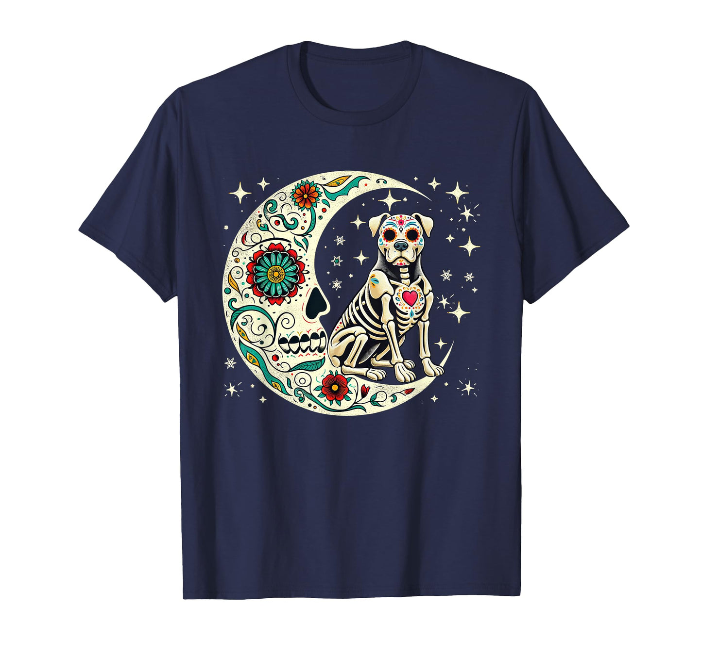 Dia De Los Muertos Halloween Moon Floral Skeleton Pit Bull T-Shirt