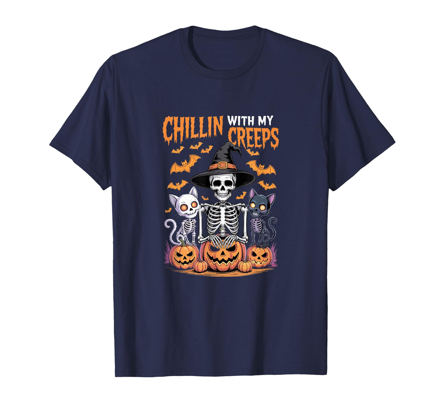Chillin with My Creeps Halloween Cats Skeleton As Witch T-Shirt
