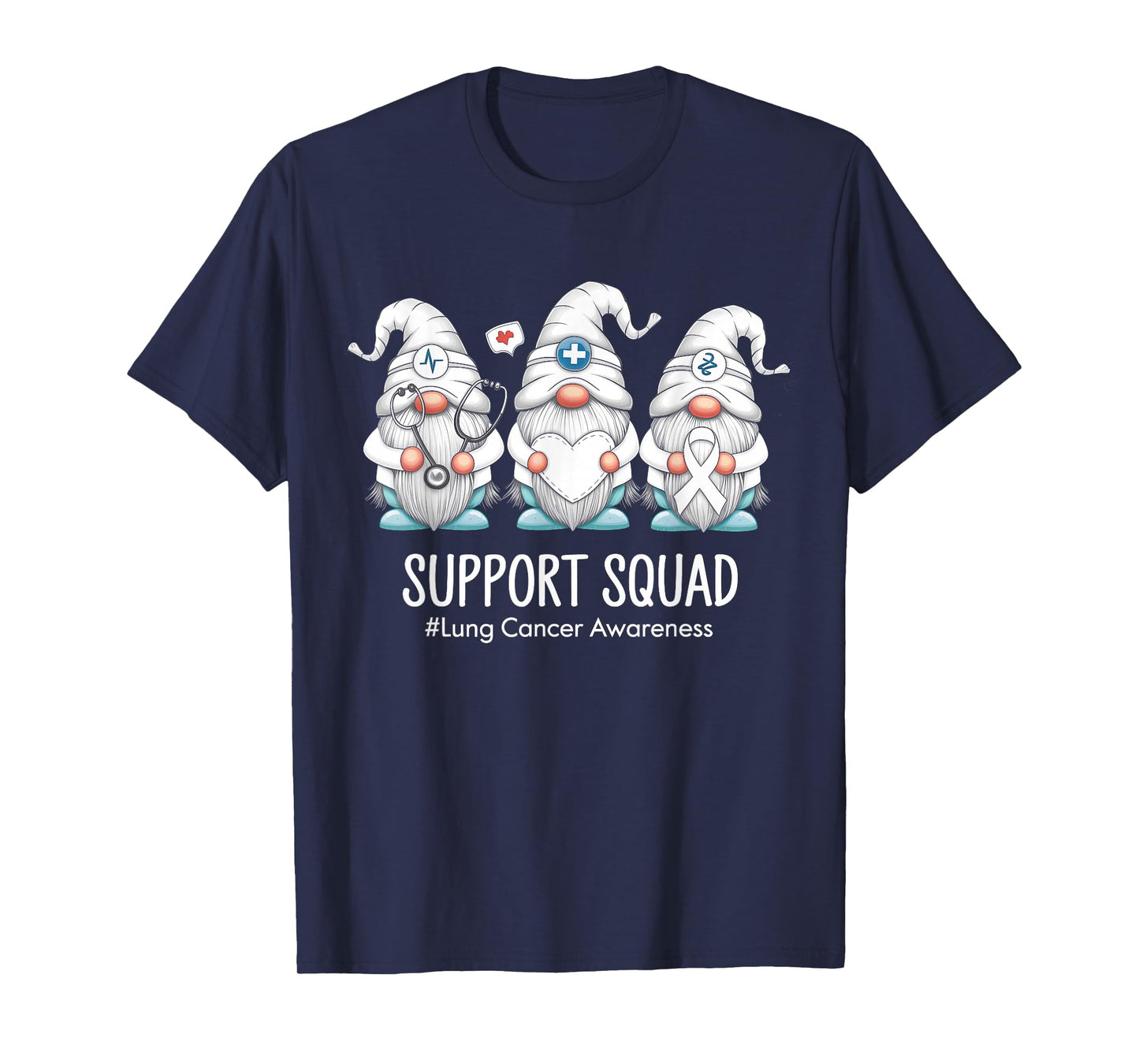 Lung Cancer Awareness Gnomies Support Squad White Ribbon T-Shirt