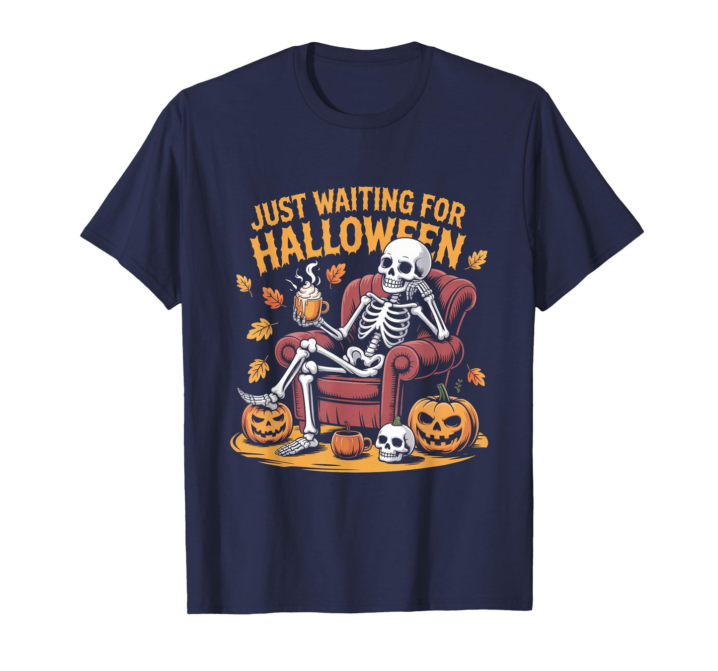 Relaxed Skeleton Sitting Pumpkins Just Waiting Halloween T-Shirt