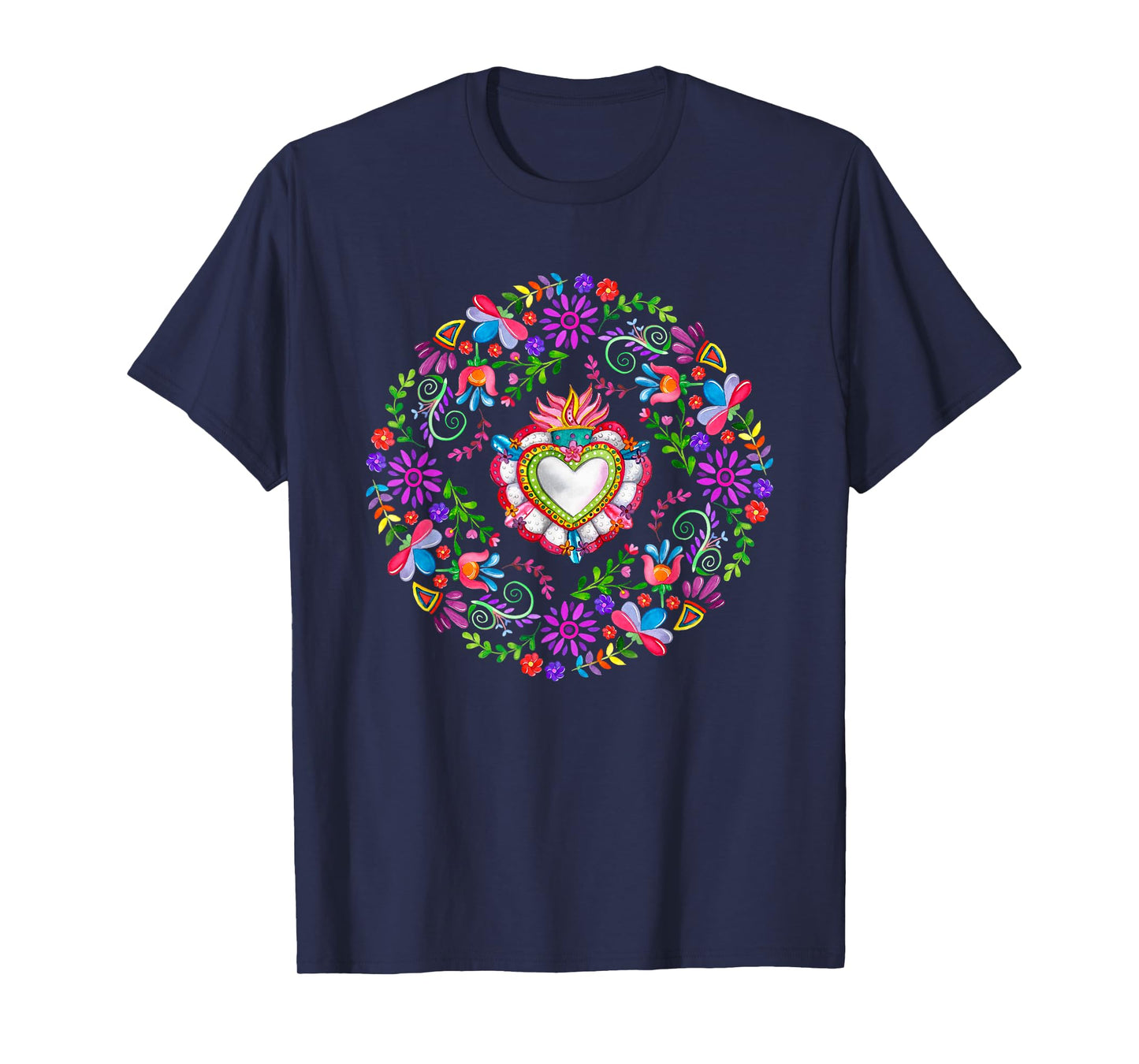 Colourful Floral Embroidery Heart Pattern Mexican Otomi T-Shirt
