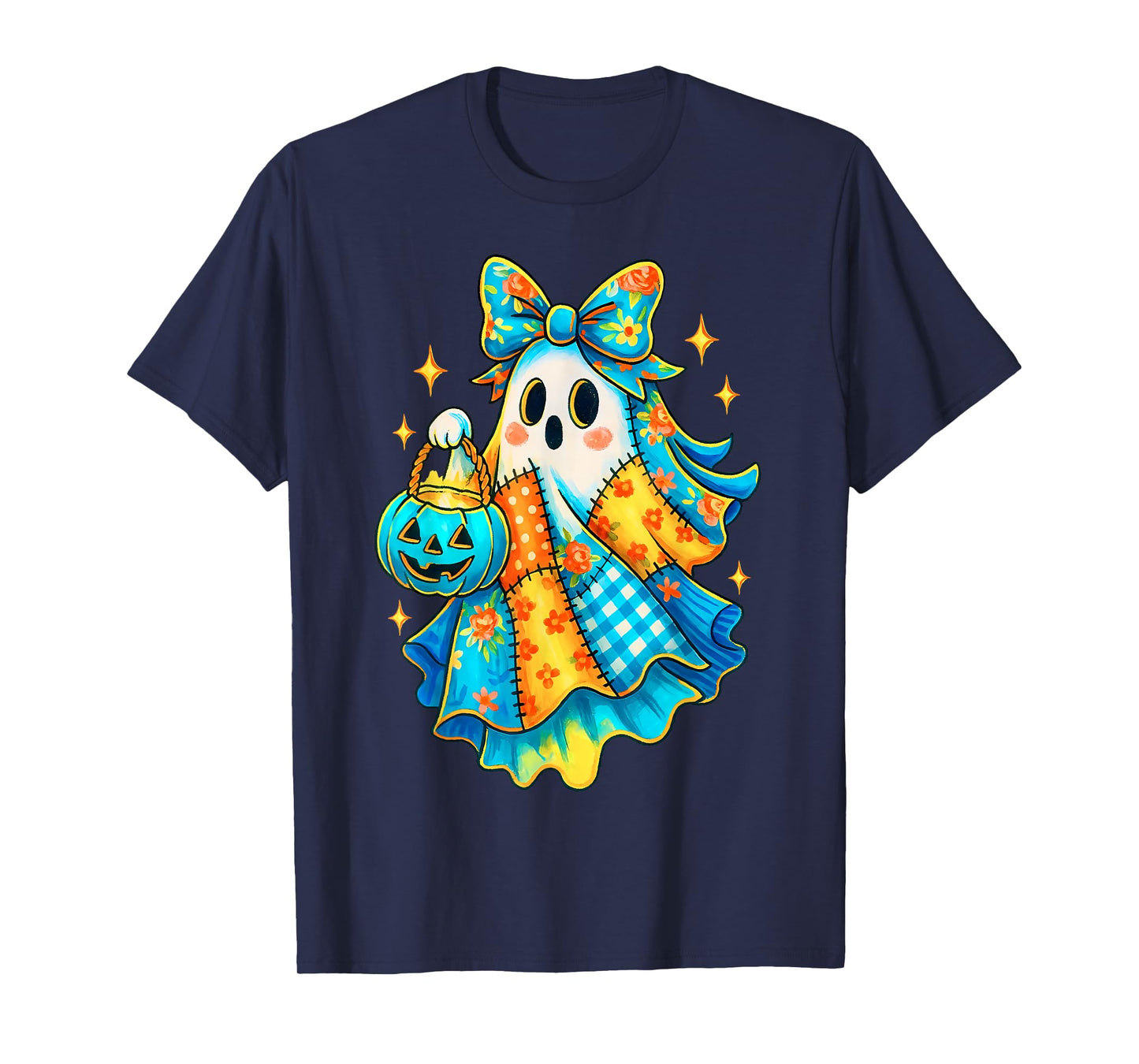 Retro Patchwork Ghost Pumpkin Coquette Bow Halloween Costume T-Shirt