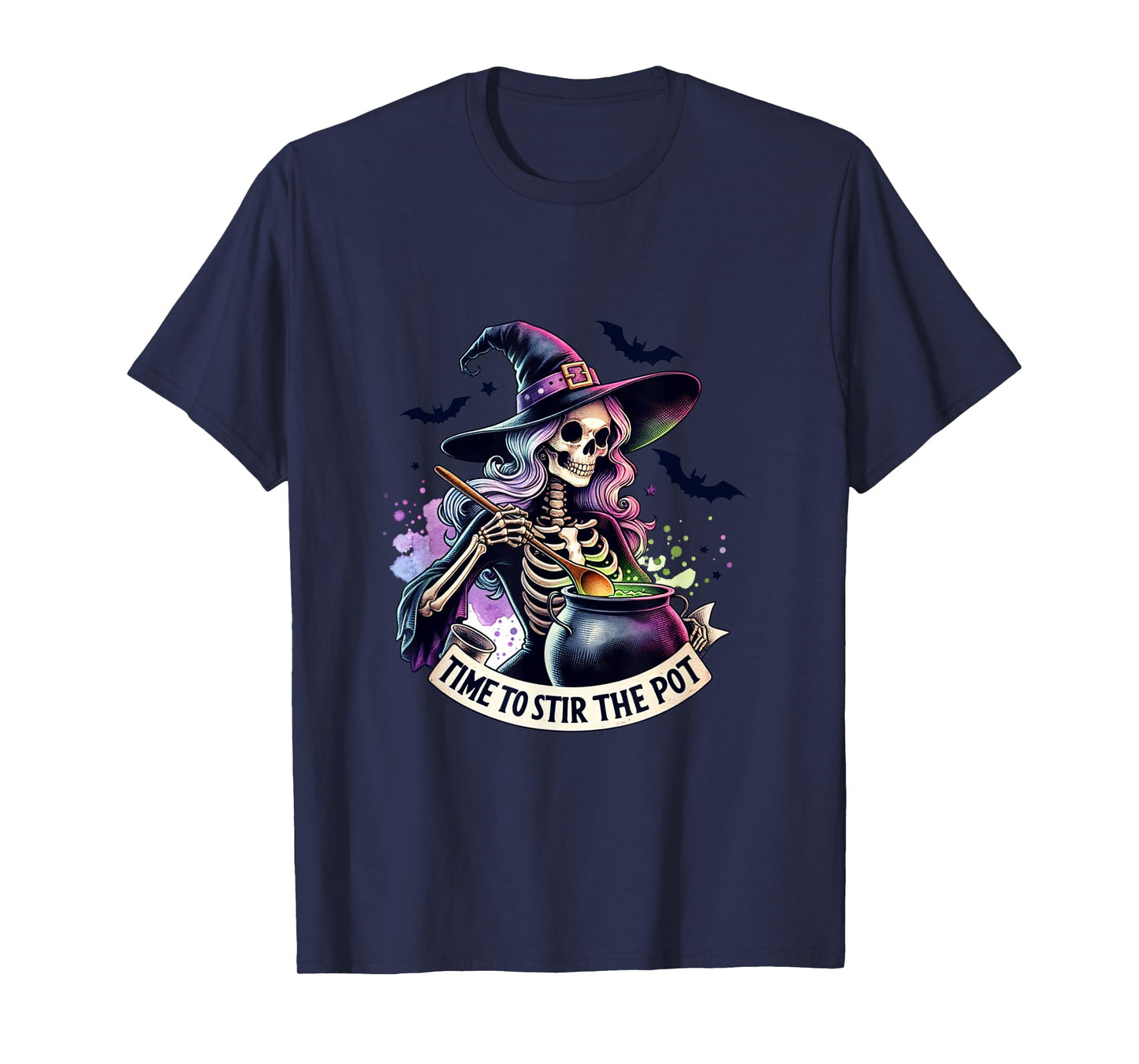 Time to Stir The Pot Skeleton Woman Witch Halloween Pin-Up T-Shirt