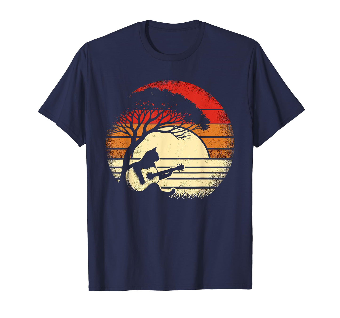 Vintage Distressed Cat Playing Acoustic Guitar Under Tree T-Shirt for Men Women Kids