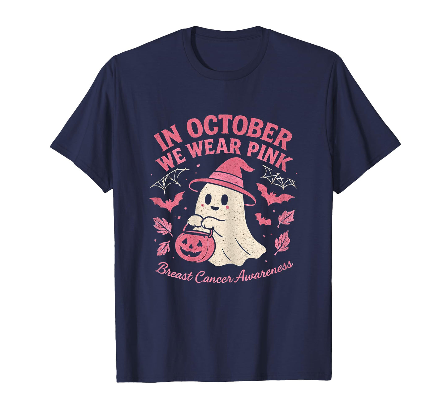 In October We Wear Pink Cute Ghost Breast Cancer Awareness T-Shirt