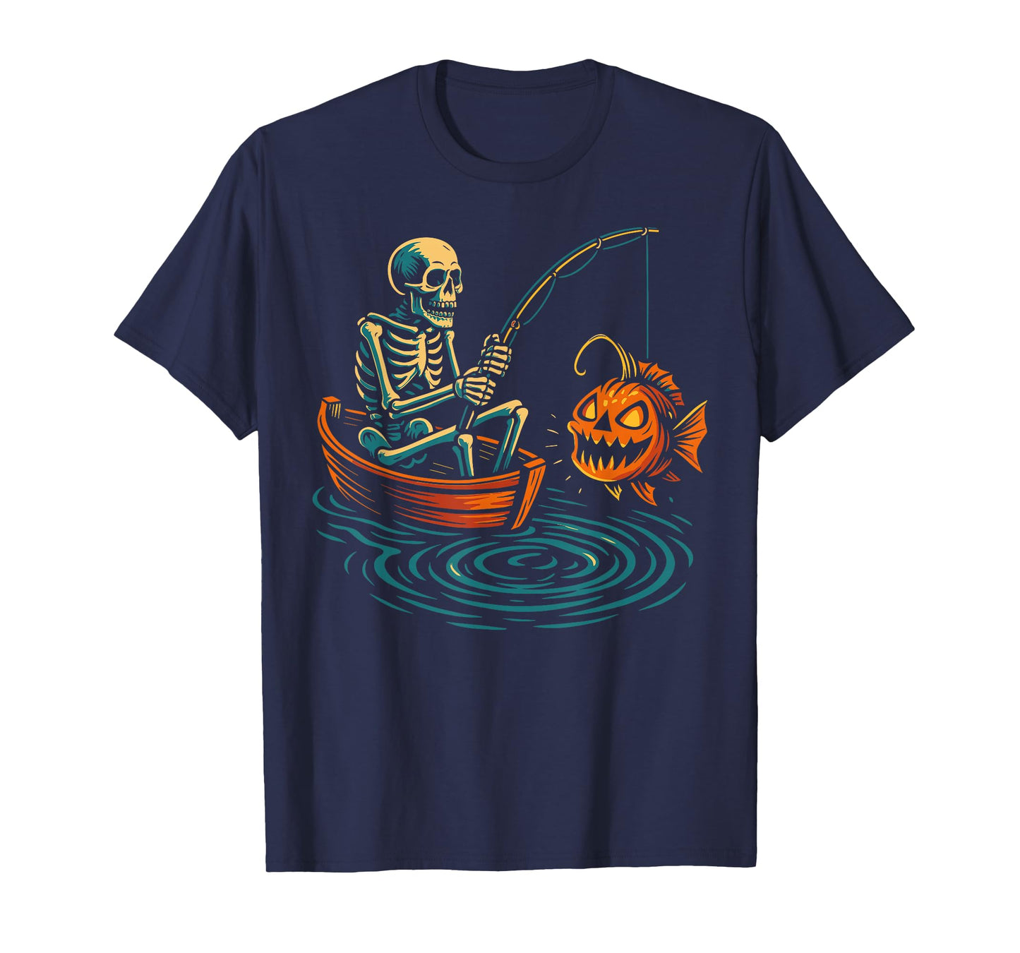 Skeleton Fishing Halloween Pumpkin Spooky Halloween T-Shirt