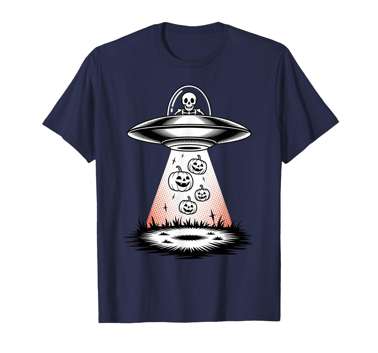 Funny Halloween UFO Skeleton Beaming Up Pumpkins Vintage T-Shirt