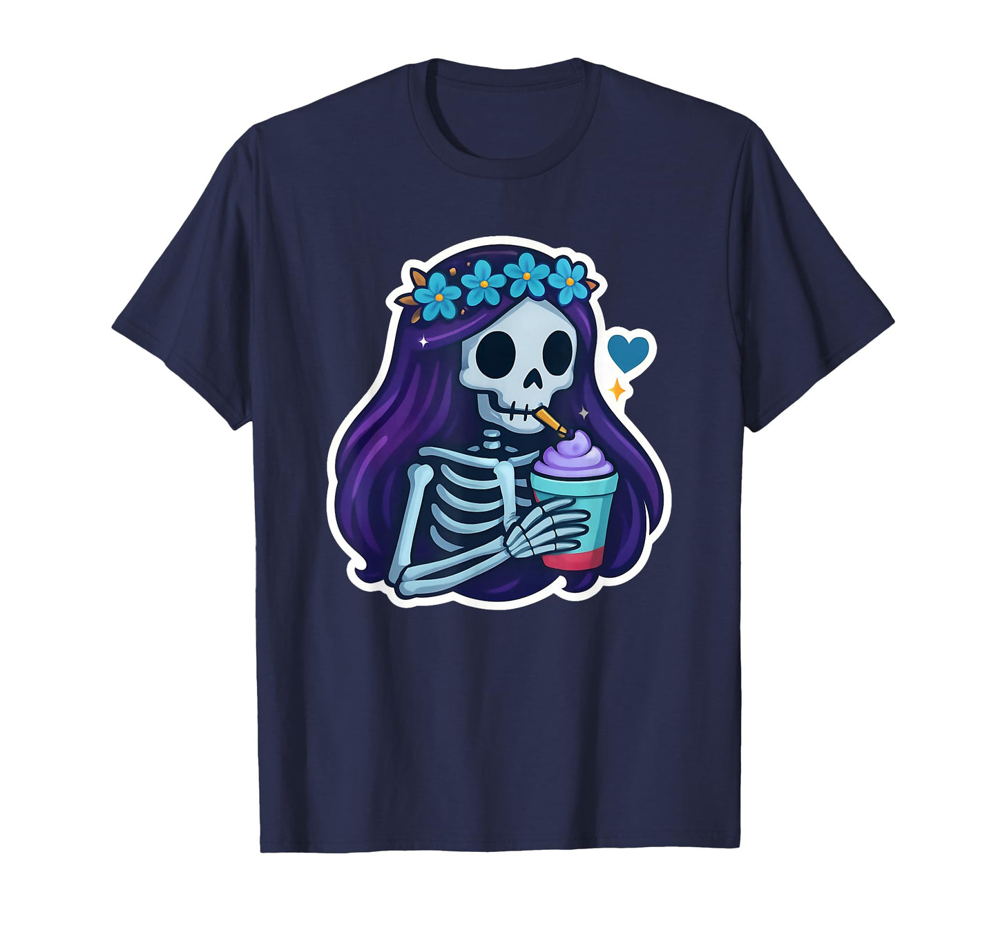 Skeleton Girl Drinking Coffee Peace Sign Graphic for Women T-Shirt