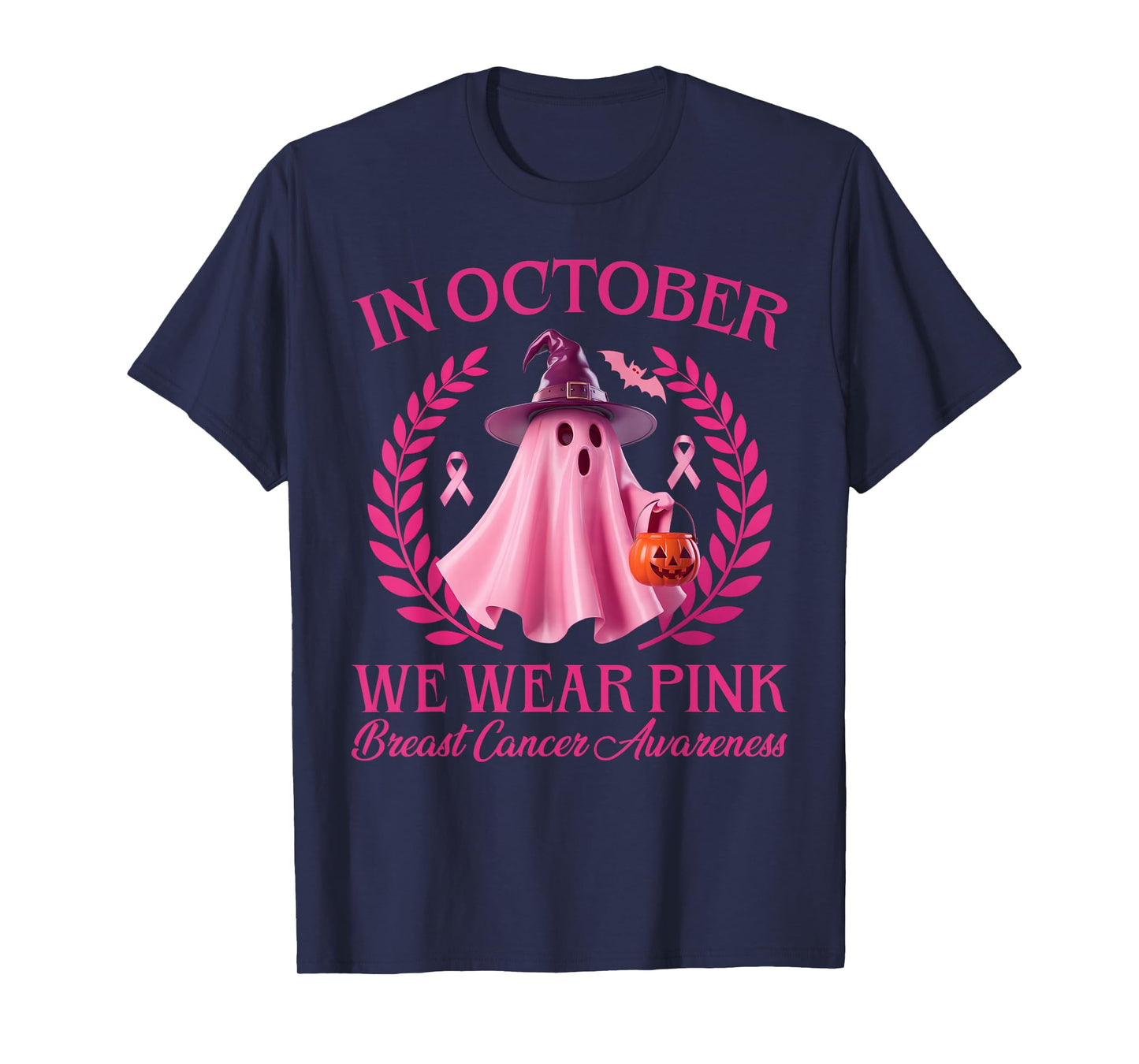 Spooky Pink Ghost Halloween October Breast Cancer Awareness T-Shirt