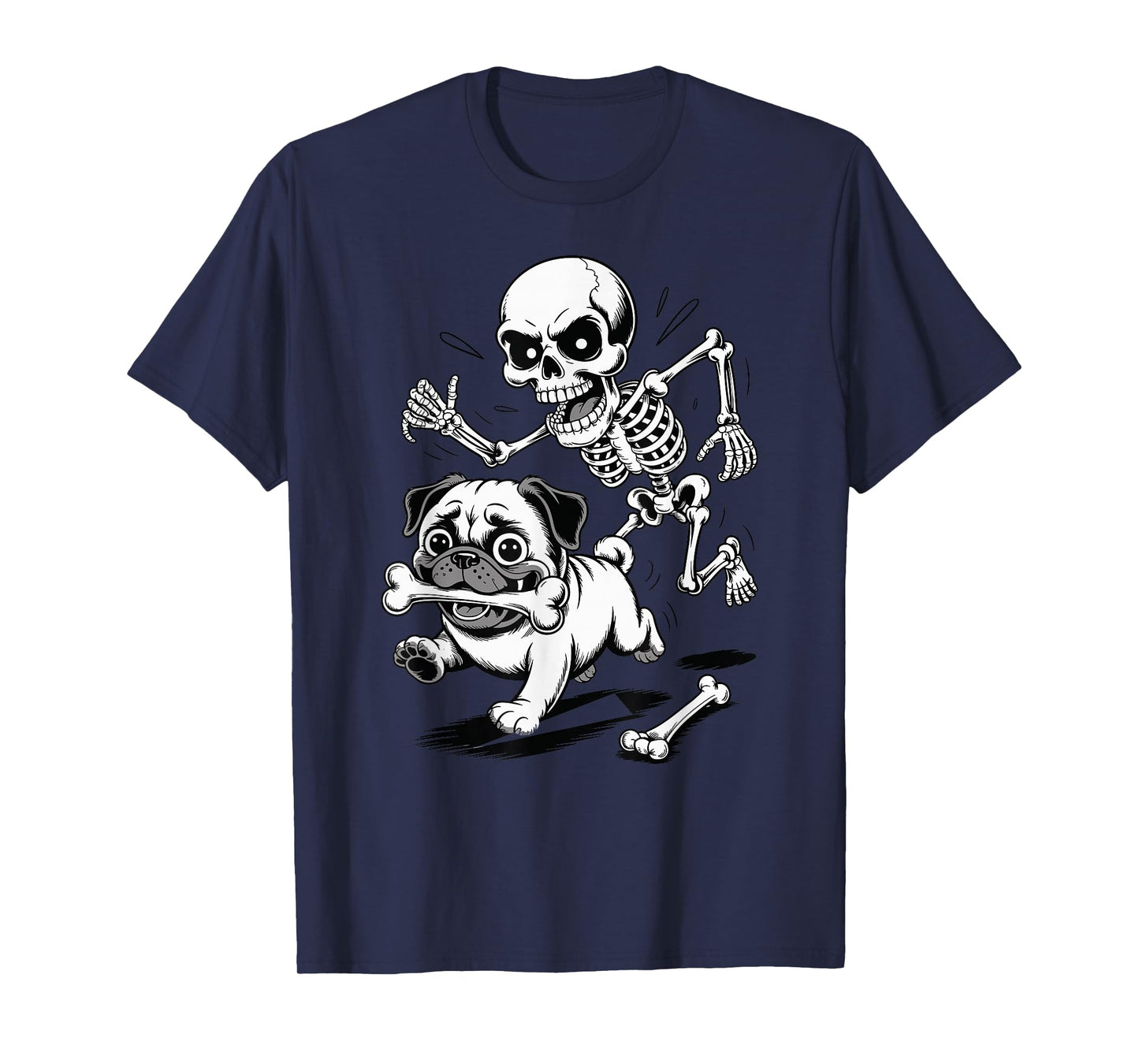 Funny Pug Halloween Dog Steals Bone from Skeleton T-Shirt