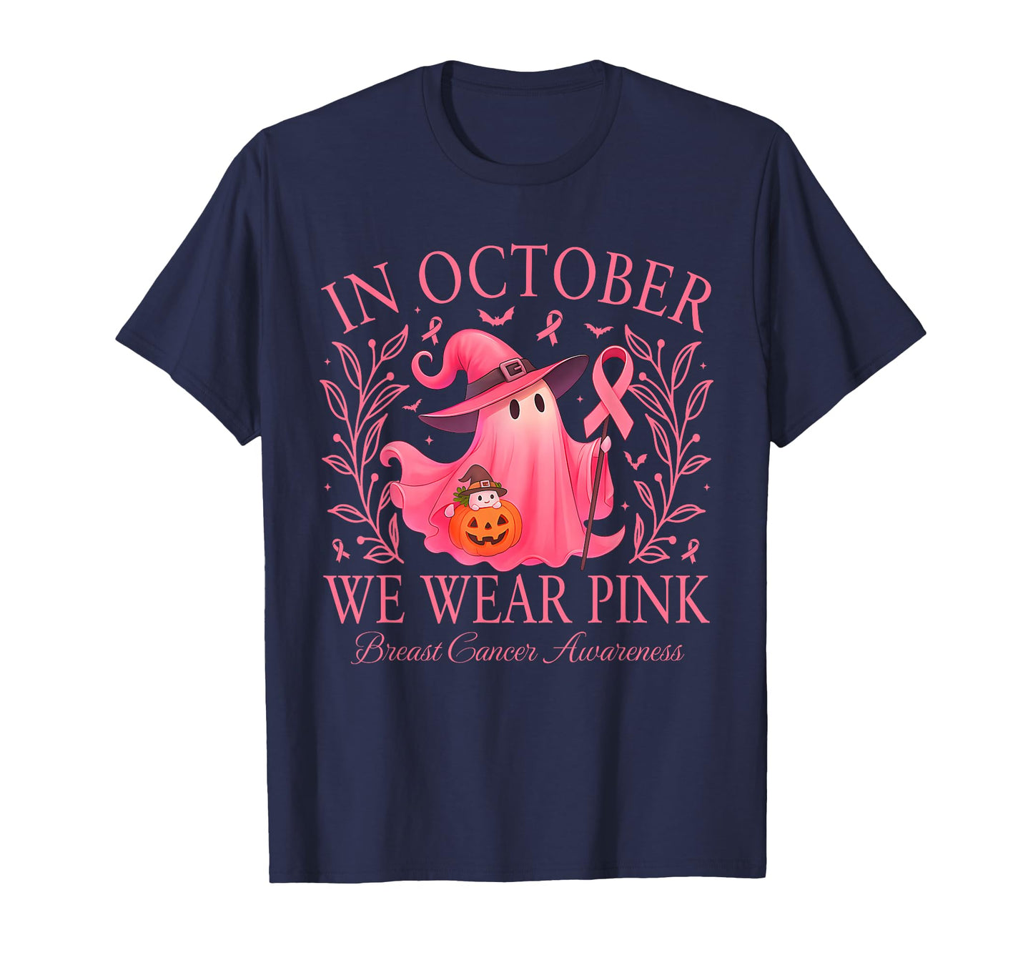 in October We Wear Pink Witch Breast Cancer Women Halloween T-Shirt