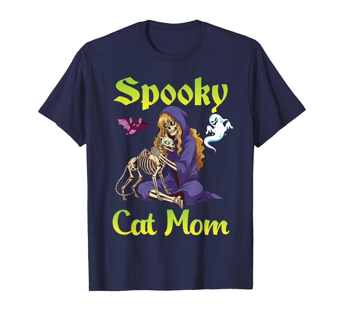 Spooky Cat Mom Halloween Skeleton Witch with Ghosts and Bat T-Shirt