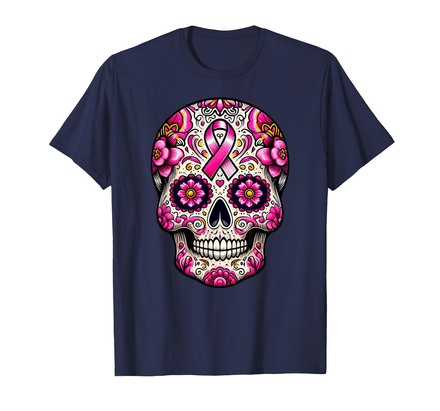 Sugar Skull Pink Ribbon Calavera Breast Cancer Awareness T-Shirt