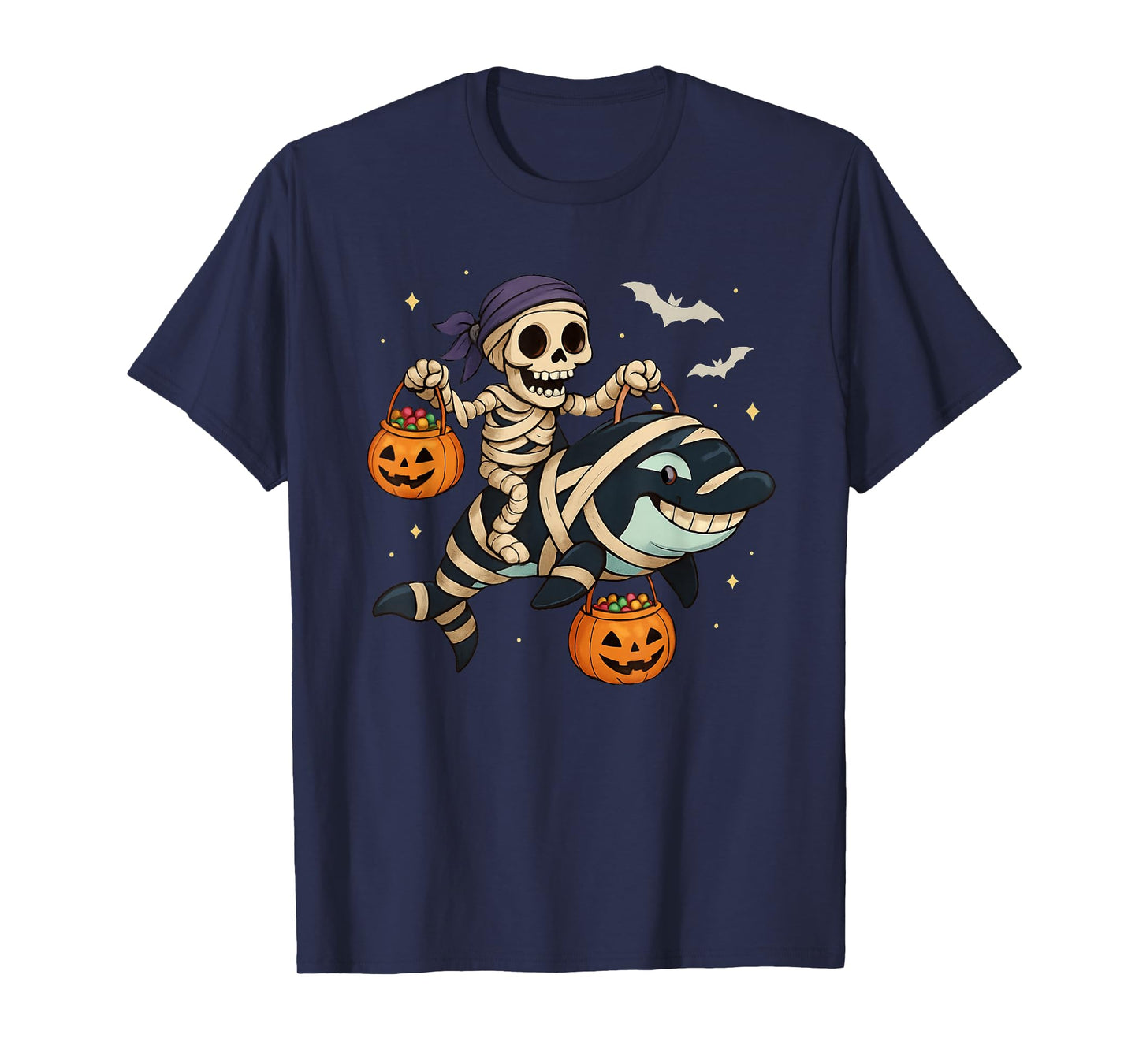 Skeleton Riding Mummy Orca Halloween Candy Whale T-Shirt